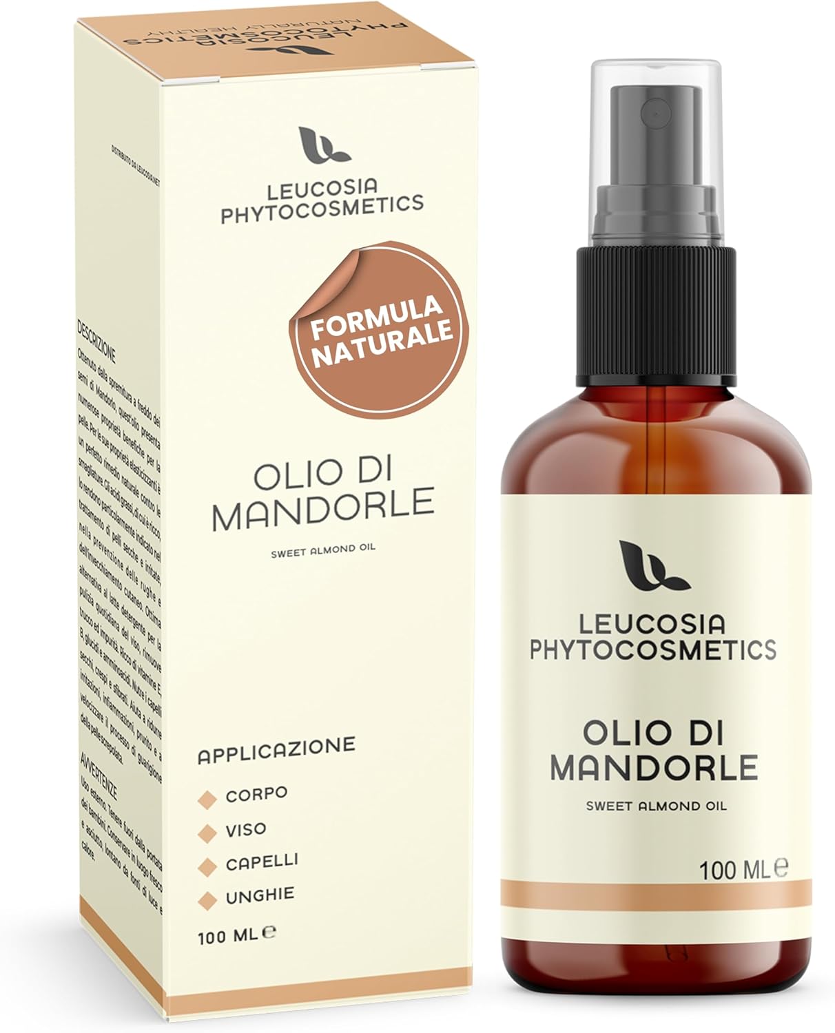 Detalle de Olio di Mandorle Dolci Leucosia 100% puro – Multiuso per corpo, viso e capelli (100 ml)