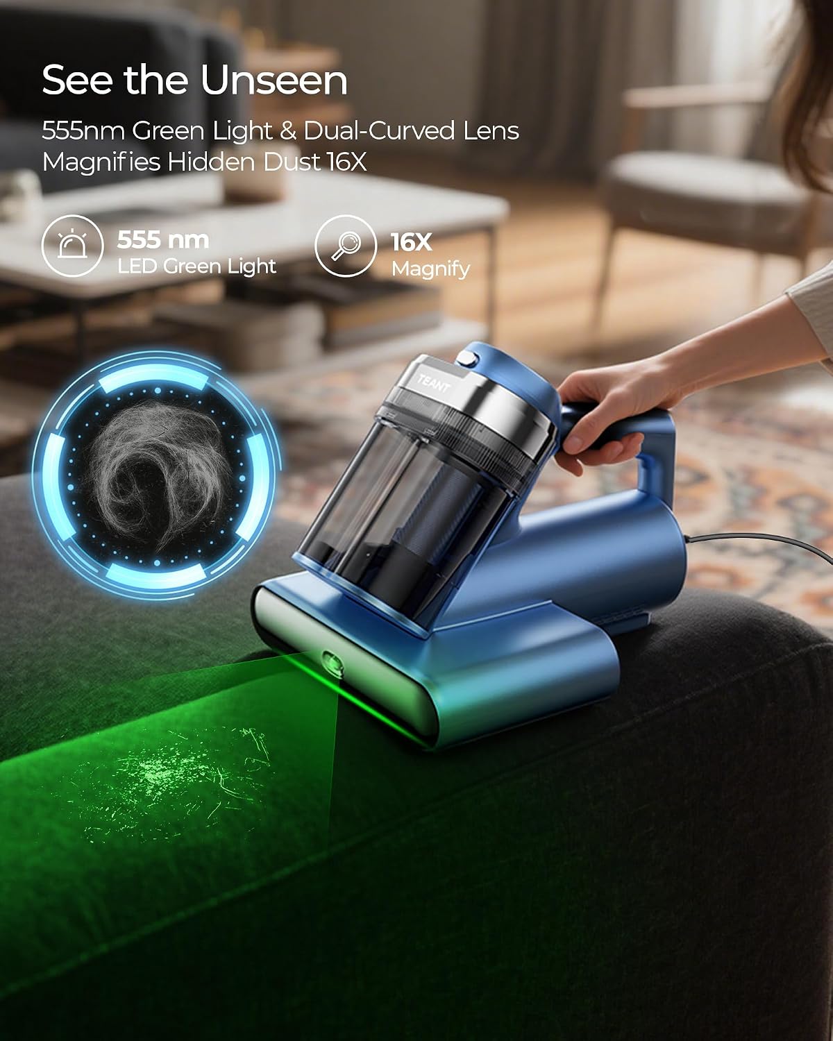 Detalle de Teant Bed Mattress Vacuum with UV-C, Ultrasonic, Green Light Dust Detection, and 149°F Heat
