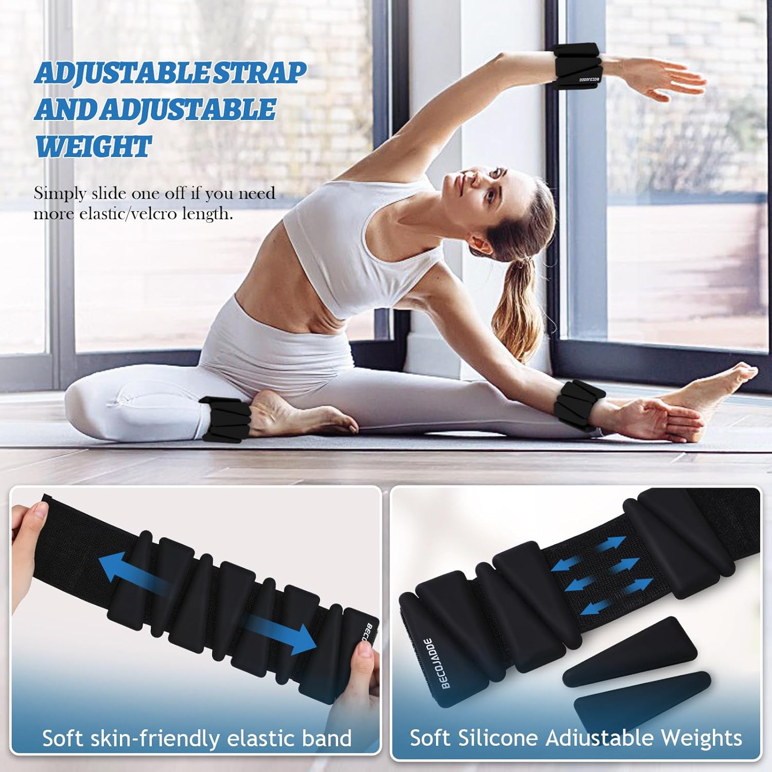 Detalle 2 de BECOJADDE Ankle Weights Set of 2 (1 lb/2 lb/3 lb Each) — Adjustable Wrist Weights for Strength, Yoga, and Cardio