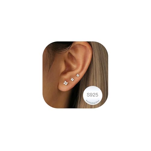 Detalle de DORANA 3 Pairs 925 Sterling Silver Stud Earrings for Women