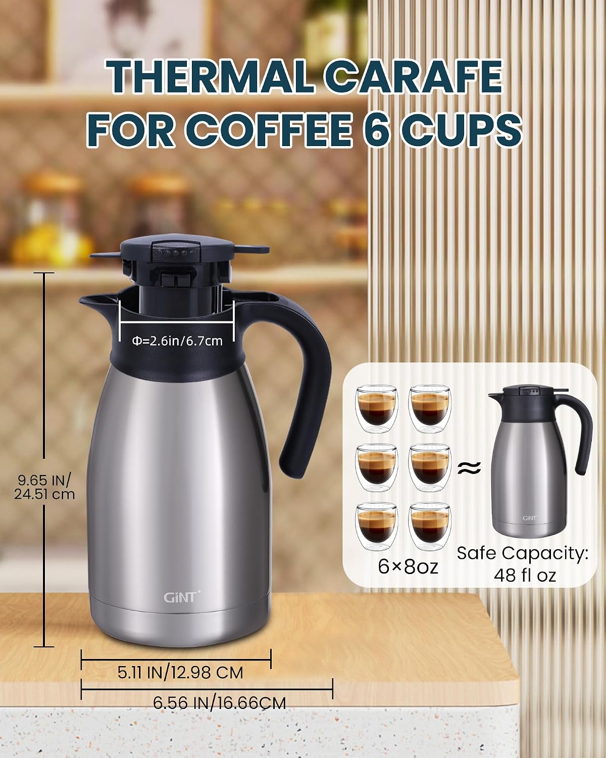 Thumbnail 5 de GiNT 51Oz Stainless Steel Thermal Coffee Carafe with Lid – Double Wall Vacuum Insulation