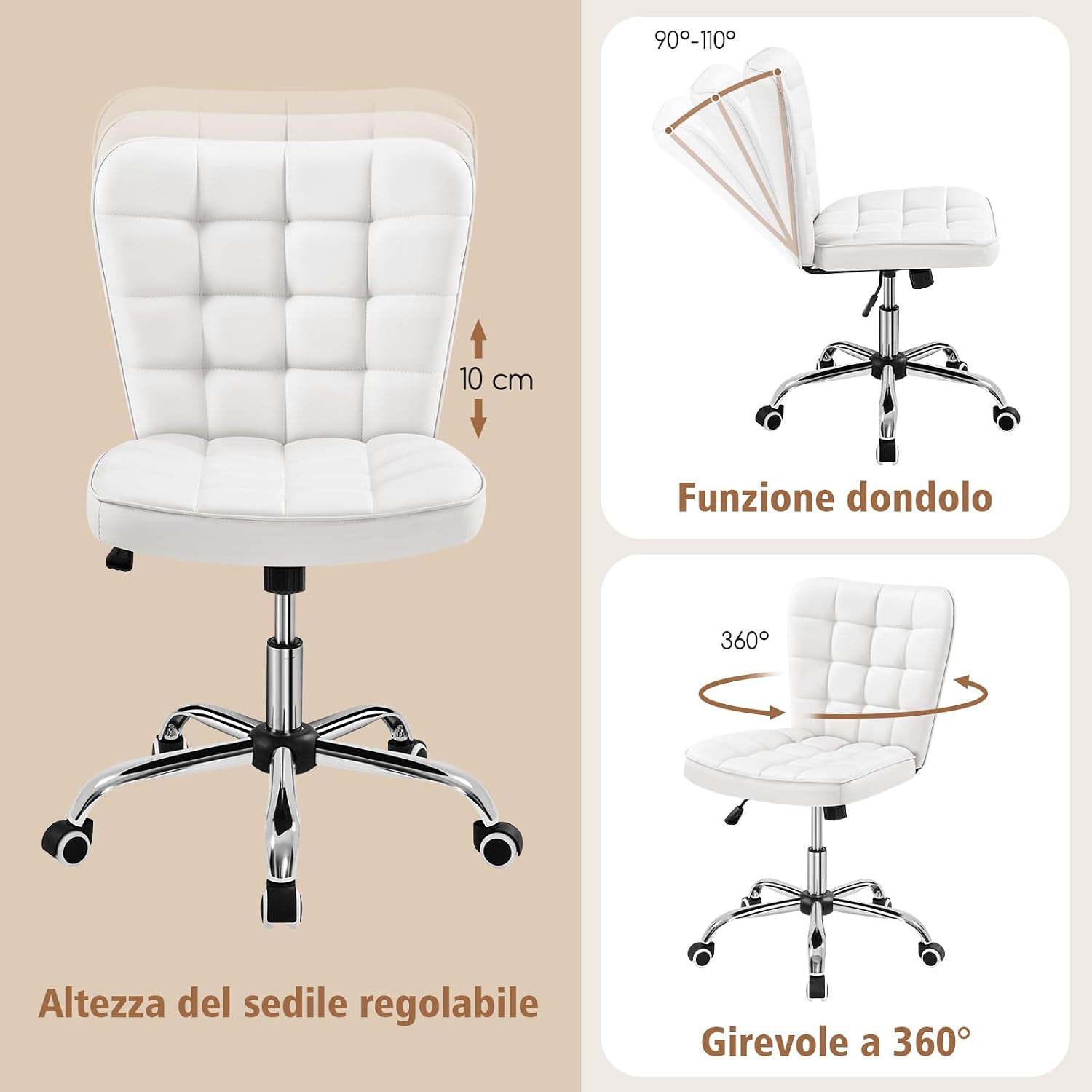 Thumbnail 5 de Yaheetech Sedia Ufficio Srivania senza braccioli in ecopelle bianca, ergonomica con altezza regolabile e funzione dondolo