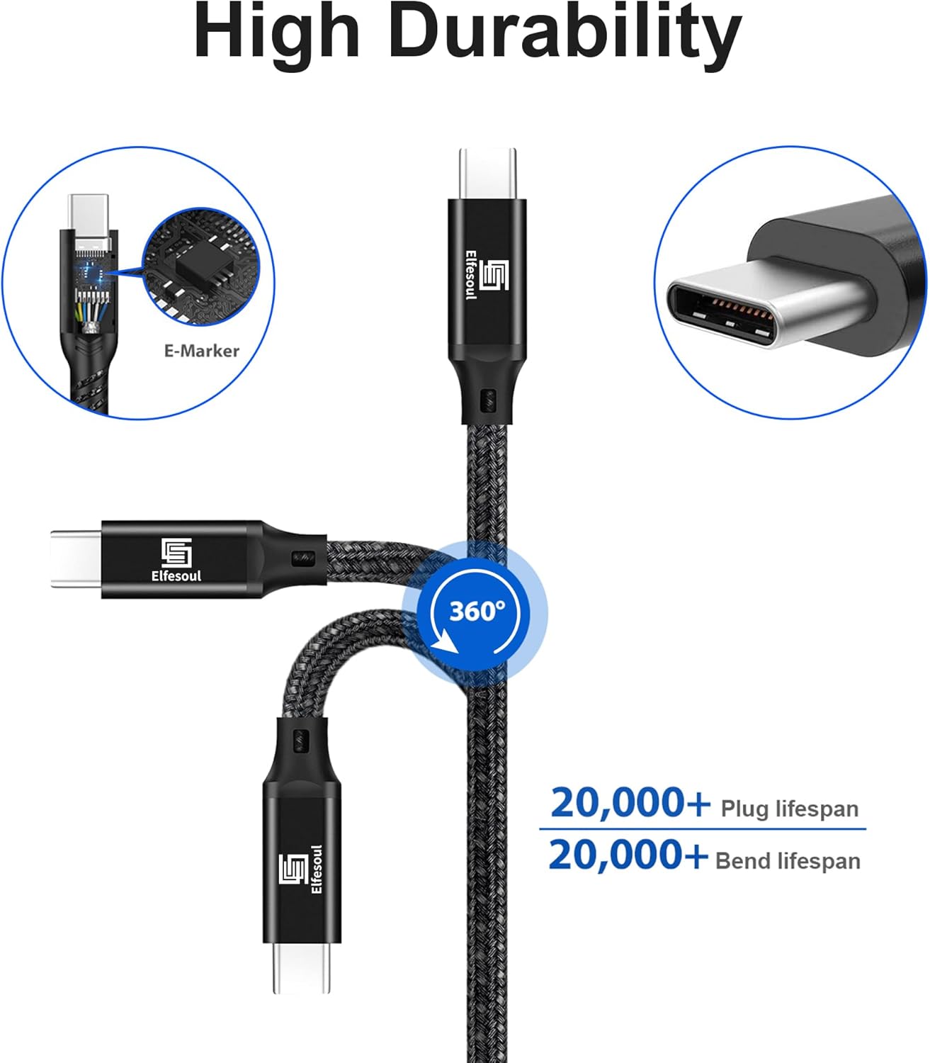 Detalle de Elfesoul USB-C to C Cable 3.2 Gen 2, 10ft, 240W PD, 4K 60Hz, 20Gbps