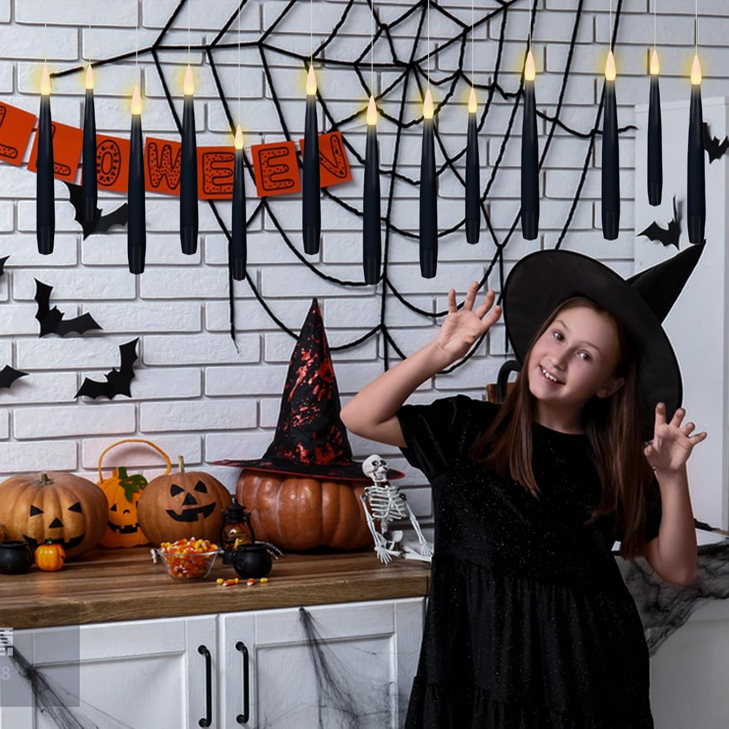 Thumbnail 2 de Eldnacele LED Schwebekerzen 22er-Set mit 6H-Timer, Fernbedienung und Zauberstab – schwebende, flammenlose Stabkerzen in Schwarz (Höhe 15,5 cm) für Halloween