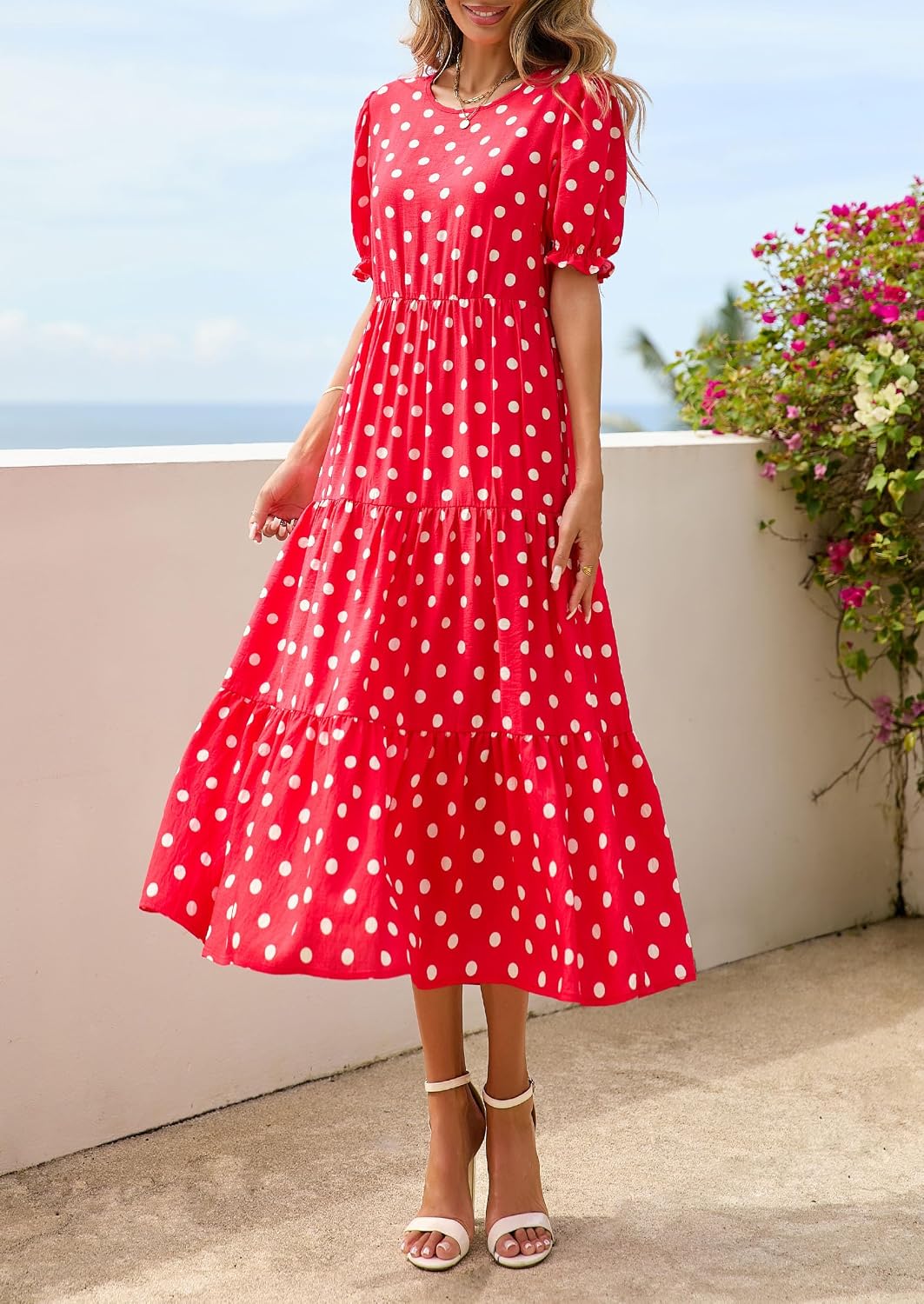 Thumbnail 1 de PRETTYGARDEN Women's Short Sleeve Midi Floral Dress — Boho A-Line, Elastic Waist, Spring-Summer Ready