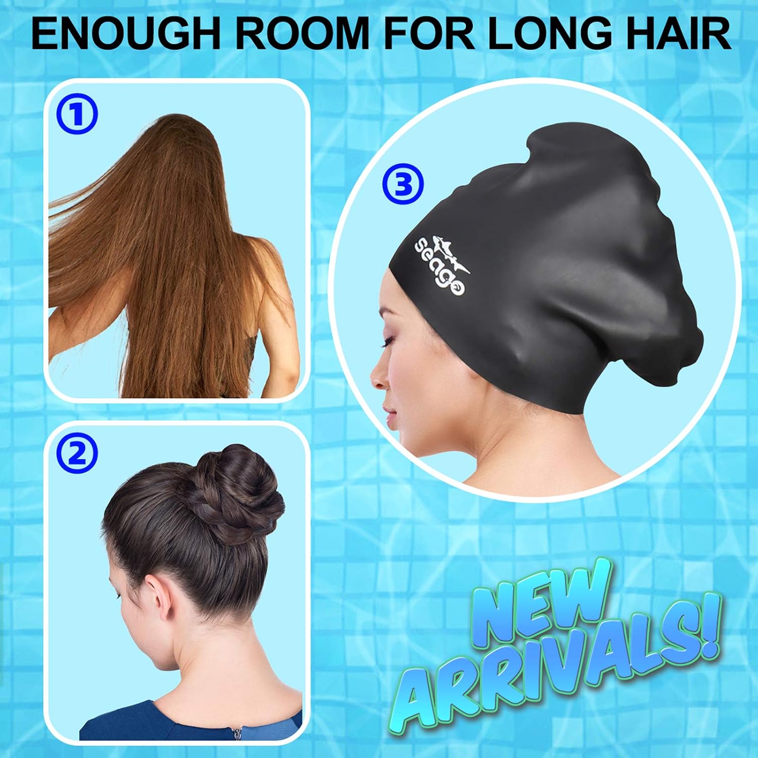 Detalle 2 de Seago Long Hair Silicone Swim Cap 2-Pack for Braids and Dreadlocks