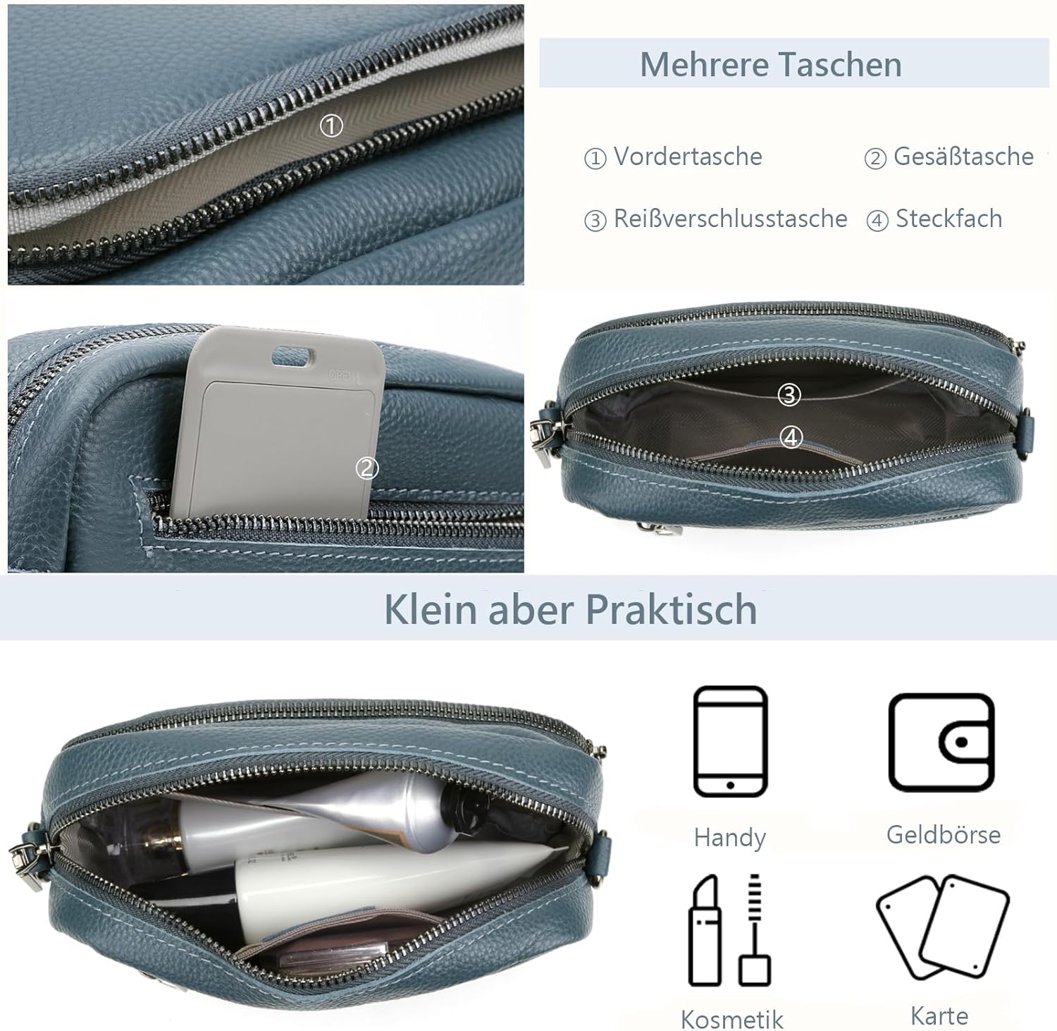 Thumbnail 5 de TIAASTAP Damen Umhängetasche klein aus echtem Leder – Crossbody Bag mit breitem Schultergurt und 3 Fächern