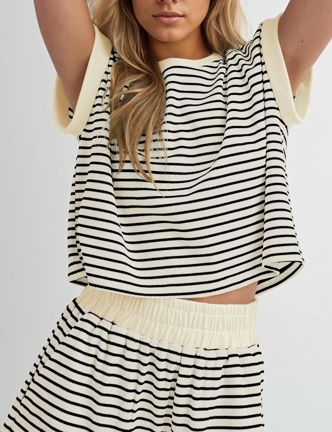 Thumbnail 3 de MISSACTIVER 2 Piece Lounge Set for Women – Stripe Knit Short Sleeve Tee + Elastic Waist Shorts