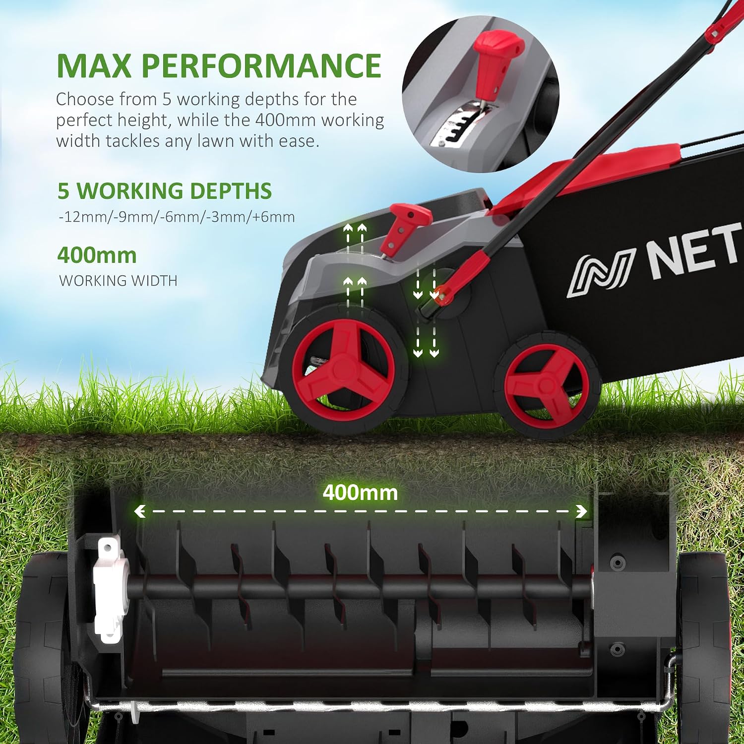 Detalle de NETTA 2000W Lawn Scarifier and Aerator (400mm) with 55L Grass Box, 5 Depth Settings, 10m Cable