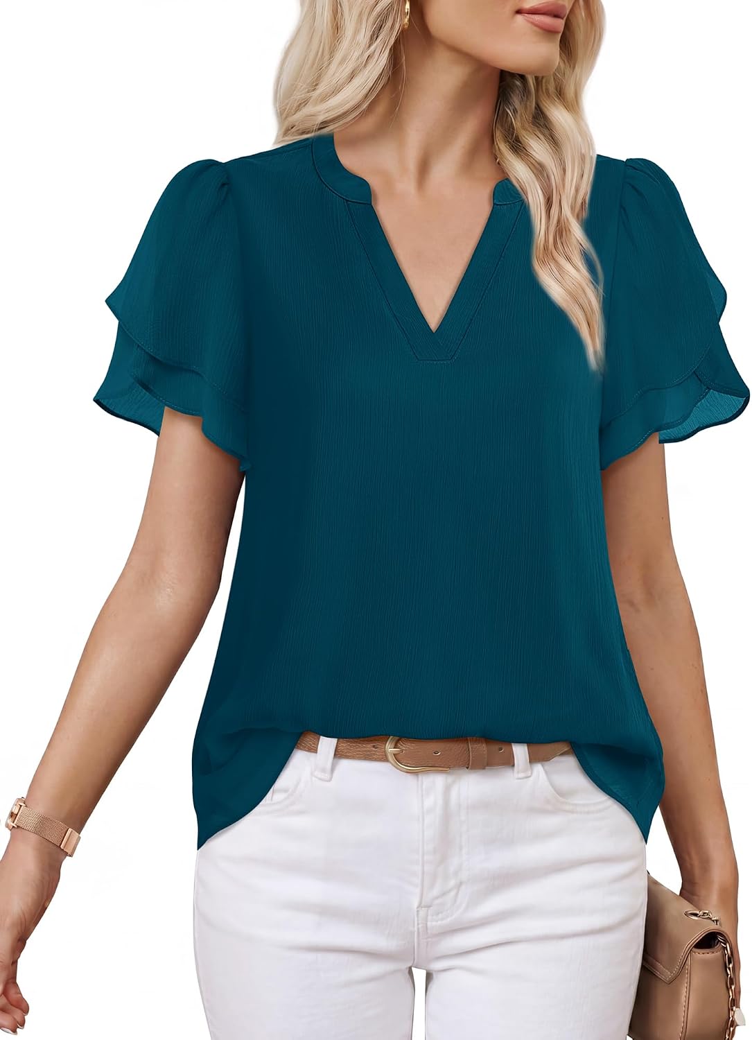 Detalle 2 de Lotusmile Womens Dressy Chiffon Blouses: Summer Puff Petal Short Sleeve V-Neck Top