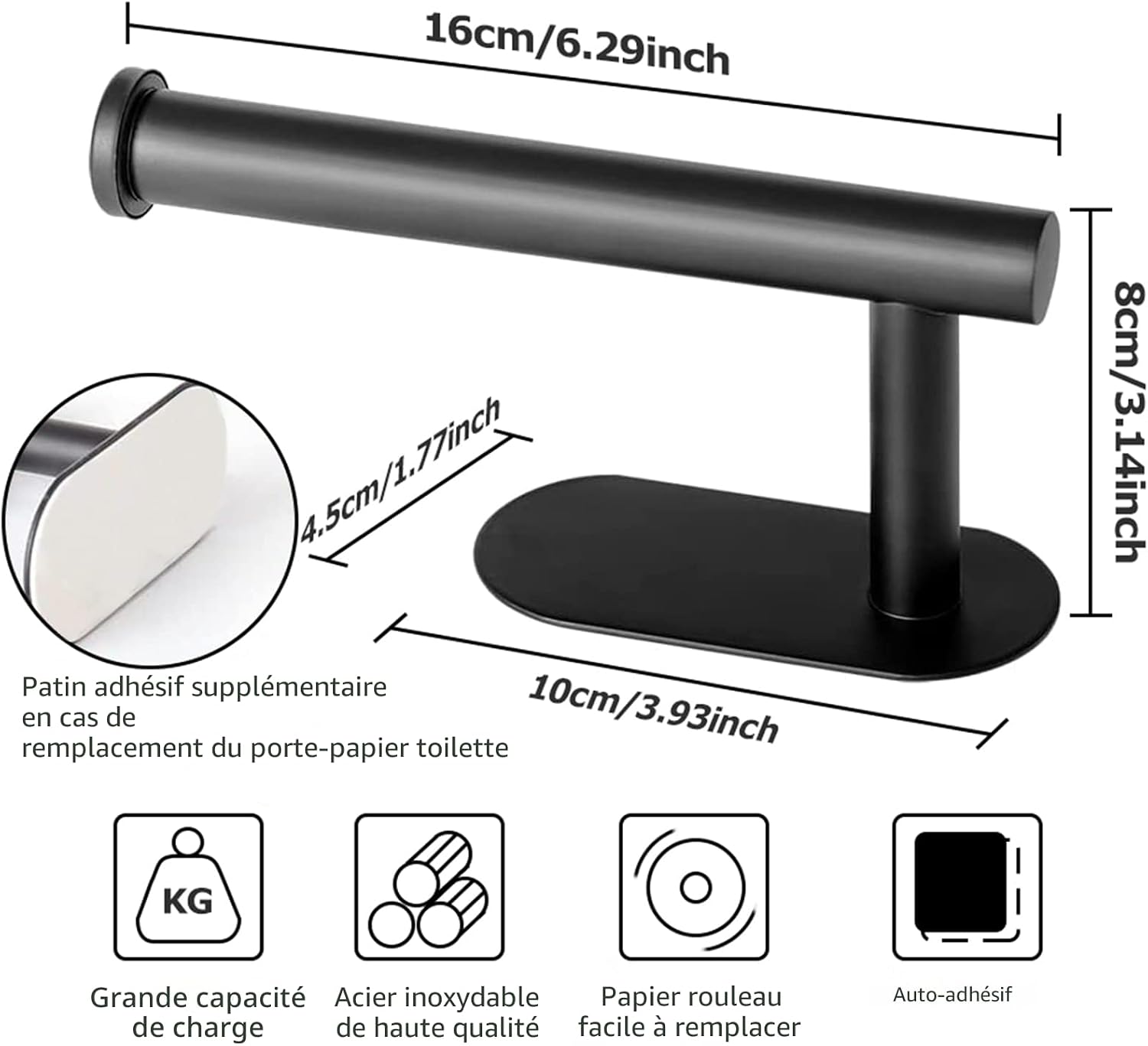 Detalle 2 de On and Off Porte Papier Toilette – Support Premium sans Perçage en Acier Inoxydable Noir
