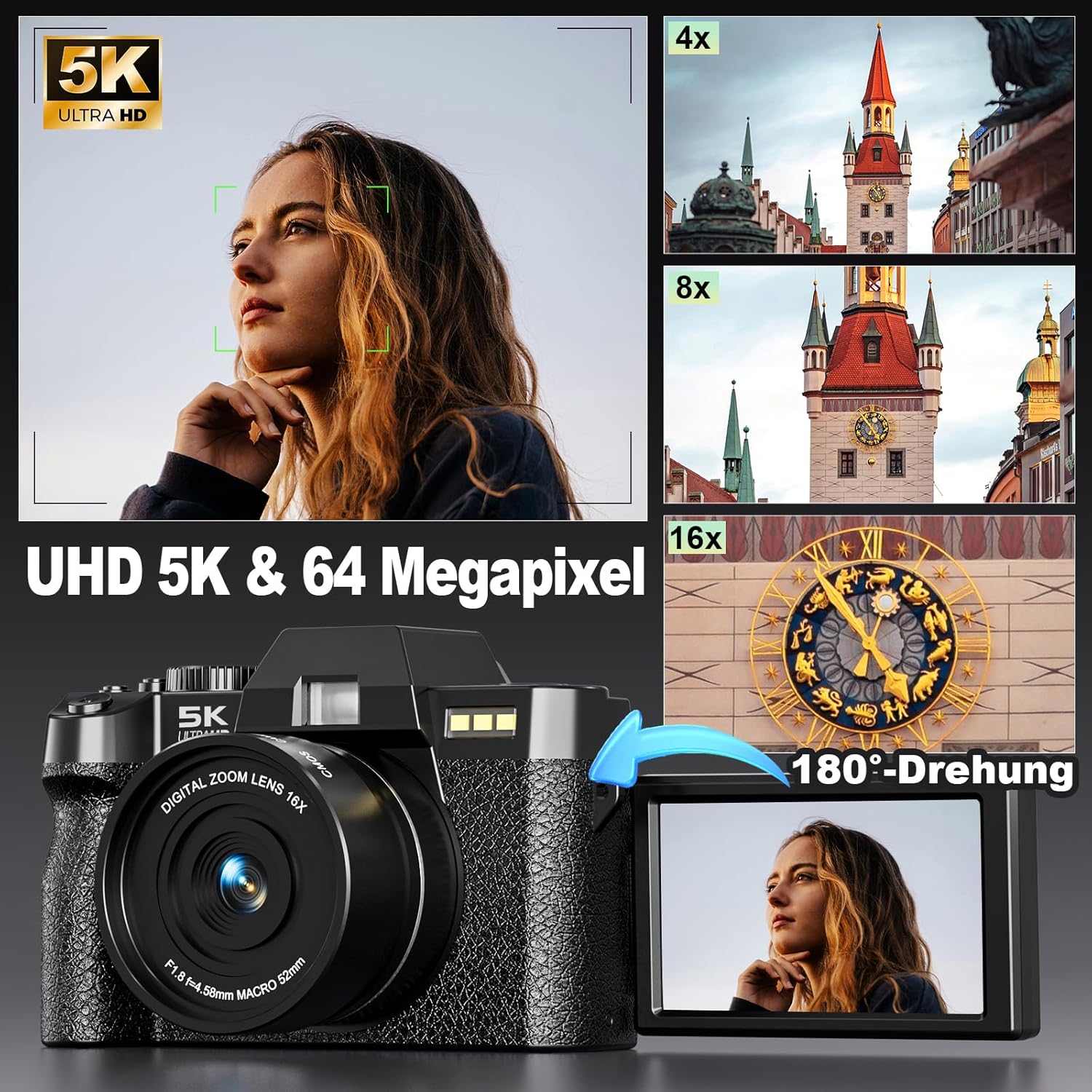 Thumbnail 2 de 5K-Digitalkamera für Fotografie & Vlogging – Komplettset mit 64 MP, 180°-Flipdisplay und Objektivkit