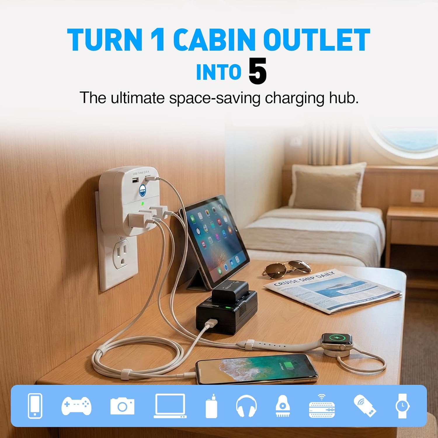 Detalle de Cruise Approved Power Strip - Non Surge Protector with 2 USB Outlets and 3 AC Ports