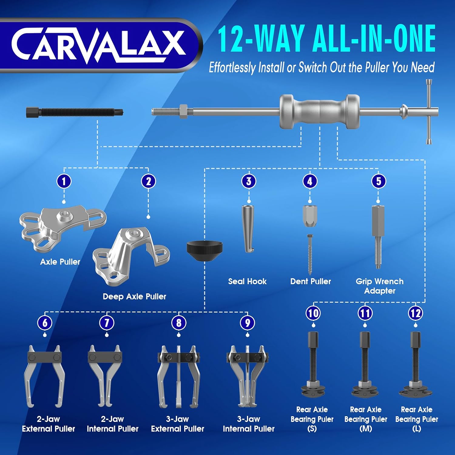 Detalle 2 de CARVALAX 12-Way Slide Hammer Puller Set — 23-Piece Heavy-Duty Auto Repair Kit