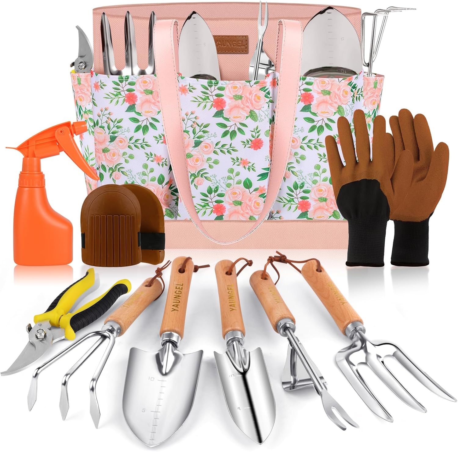 YAUNGEL Set di attrezzi da giardinaggio da 10 pezzi in acciaio inox con manici in legno antiscivolo (rosa)