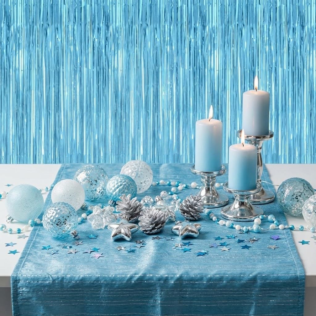 Detalle de Auzeron 6 Stück Lametta Vorhang – Metallischer Fransen Hintergrund 1 × 2 m in Metallic Hellblau