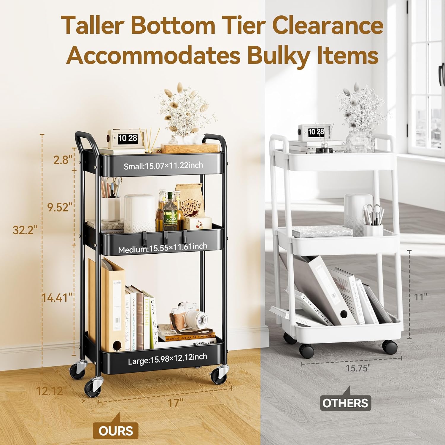 Detalle de YASONIC YS-306 3-Tier Metal Rolling Cart with Locking Wheels, Black