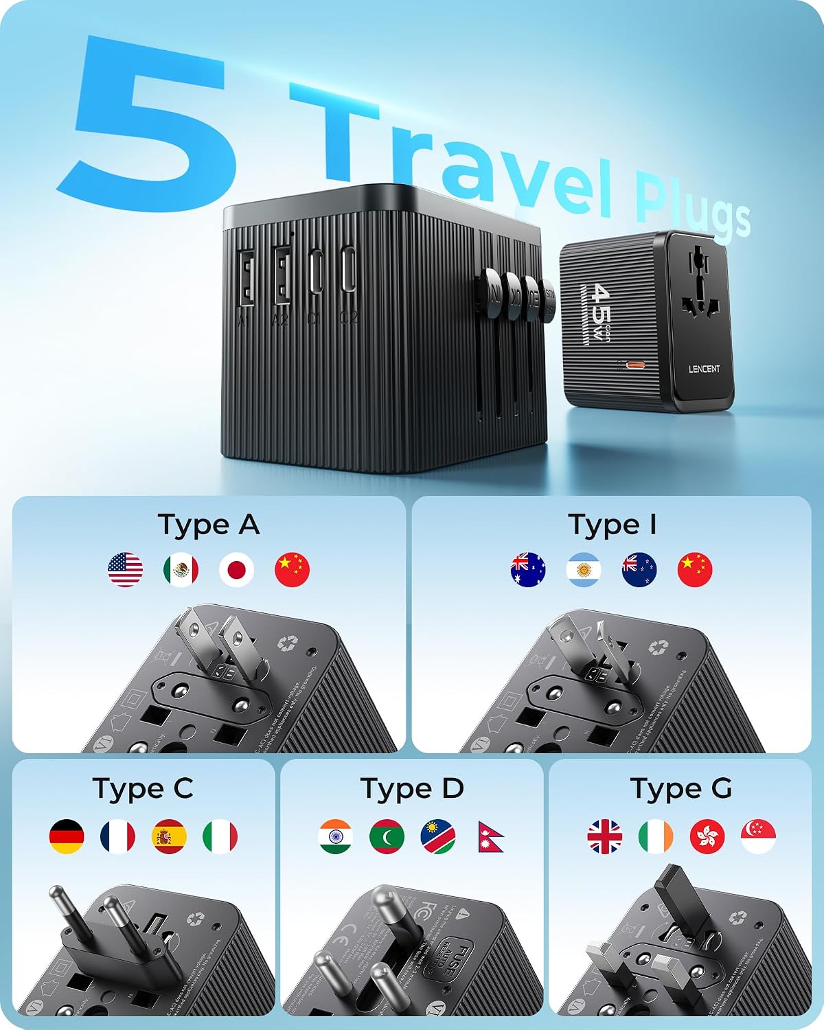 Detalle 2 de LENCENT PA059B-DT 45W Universal Travel Adapter with 5 Plug Types