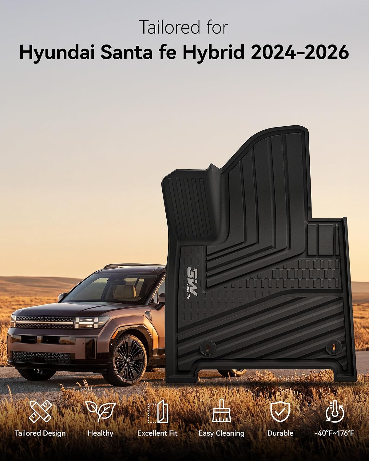 Thumbnail 1 de 3W Floor Mats & Cargo Liner for Hyundai Santa Fe Hybrid (2024-2026) – Full Set, All-Weather TPE