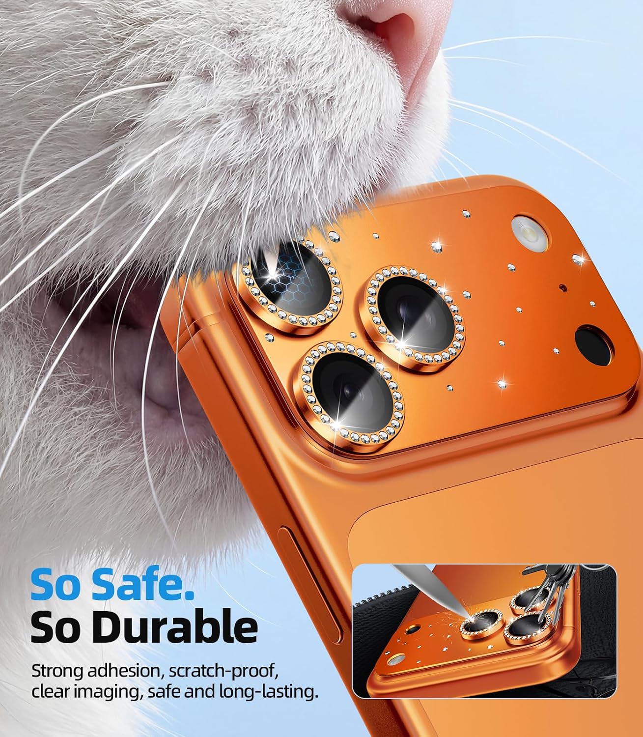 Detalle 2 de HelloDeere iPhone 17 Pro Camera Lens Protector, Orange Diamond Tempered Glass