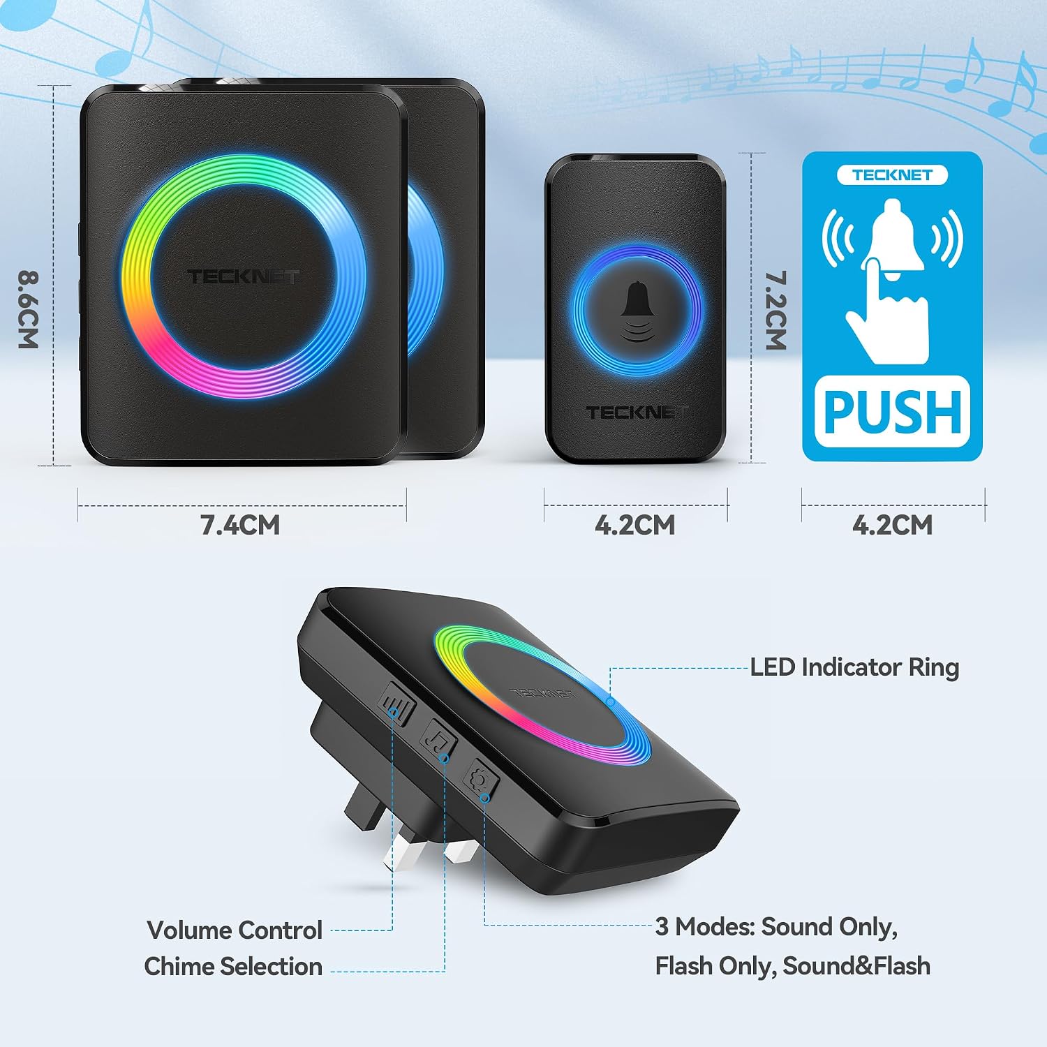 Thumbnail 5 de TECKNET Wireless Doorbell with 2 Receivers (1300ft) – IP65 Waterproof Plug-in Doorbell, 120dB Loud, RGB Light