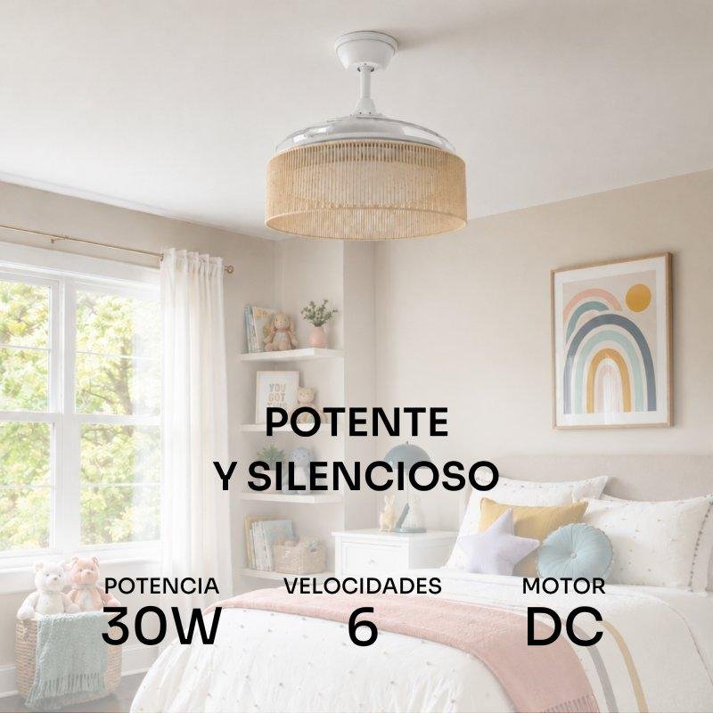 Detalle 2 de Ventilador de Techo con Luz Mellerware Rattan Sand 30W 106 cm — 6 velocidades, motor DC y aspas retráctiles