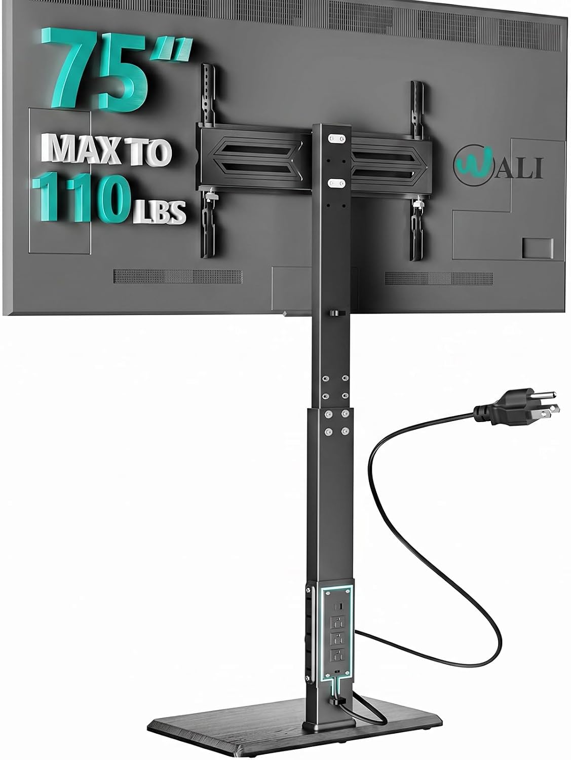 Detalle de WALI Floor TV Stand with Power Outlet (TVDVD-7P) for 32–75" TVs up to 110 lbs, Swivel & Height Adjustable, Black