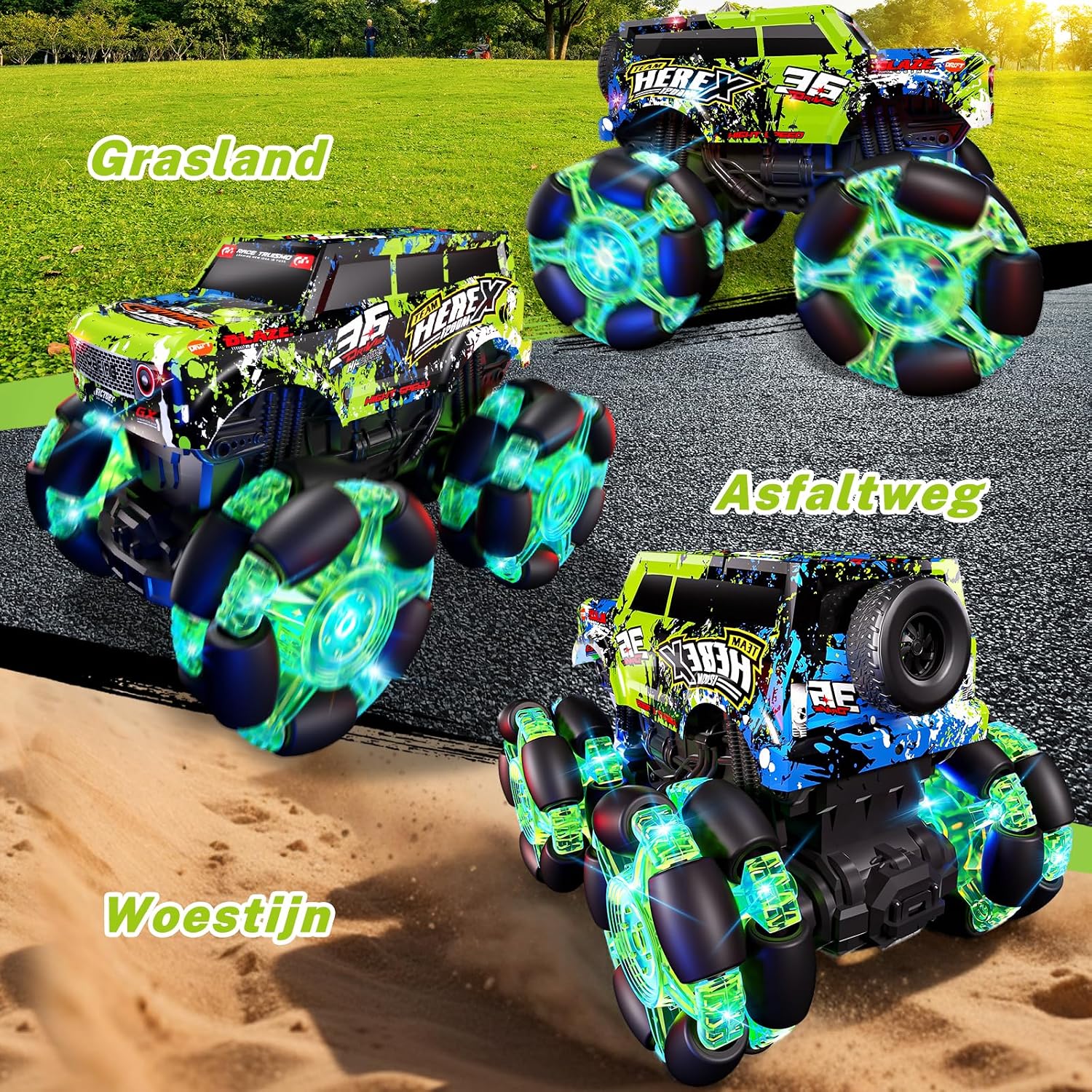 Detalle 2 de PENGBU RC 000-033 RC-monstertruck met verlichting, muziek en 360°-draaiing