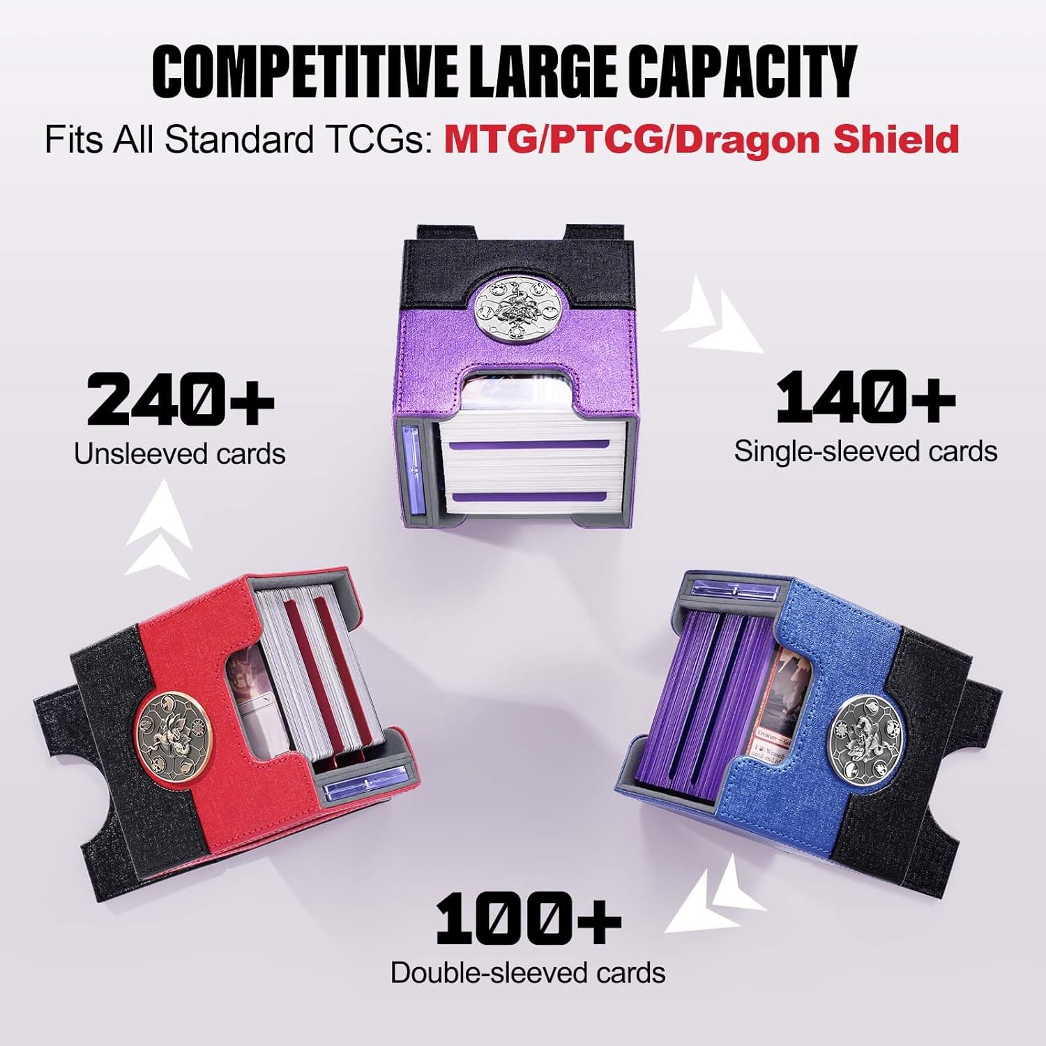 Detalle de Kabinka Commander Deck Box for MTG with Dice Tray – 100+ Cards, Metal Emblem, and Hidden 35pt Magnetic Card Holder