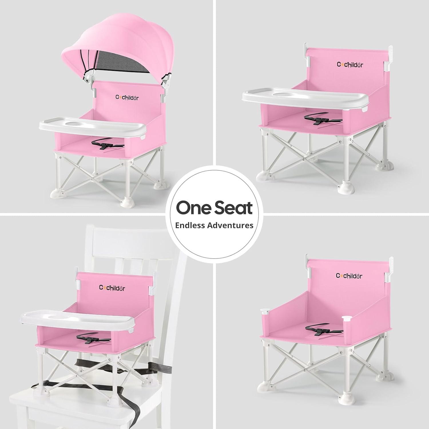 Thumbnail 1 de Cochildor 4-in-1 Portable Baby Chair, Pink, with Removable Tray and Sun Canopy