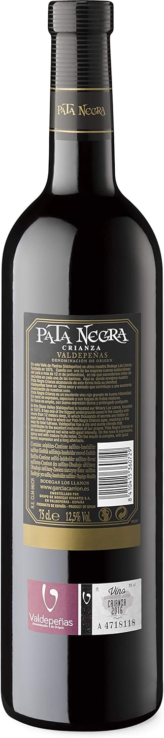 Detalle de Pata Negra Crianza Vino Tinto D.O Valdepeñas 🍷 Caja 6 Botellas