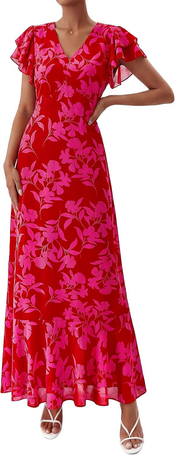 Detalle de PRETTYGARDEN Floral Maxi Dress for Women 2026 Summer Boho With Ruffles — Beach to Wedding Guest