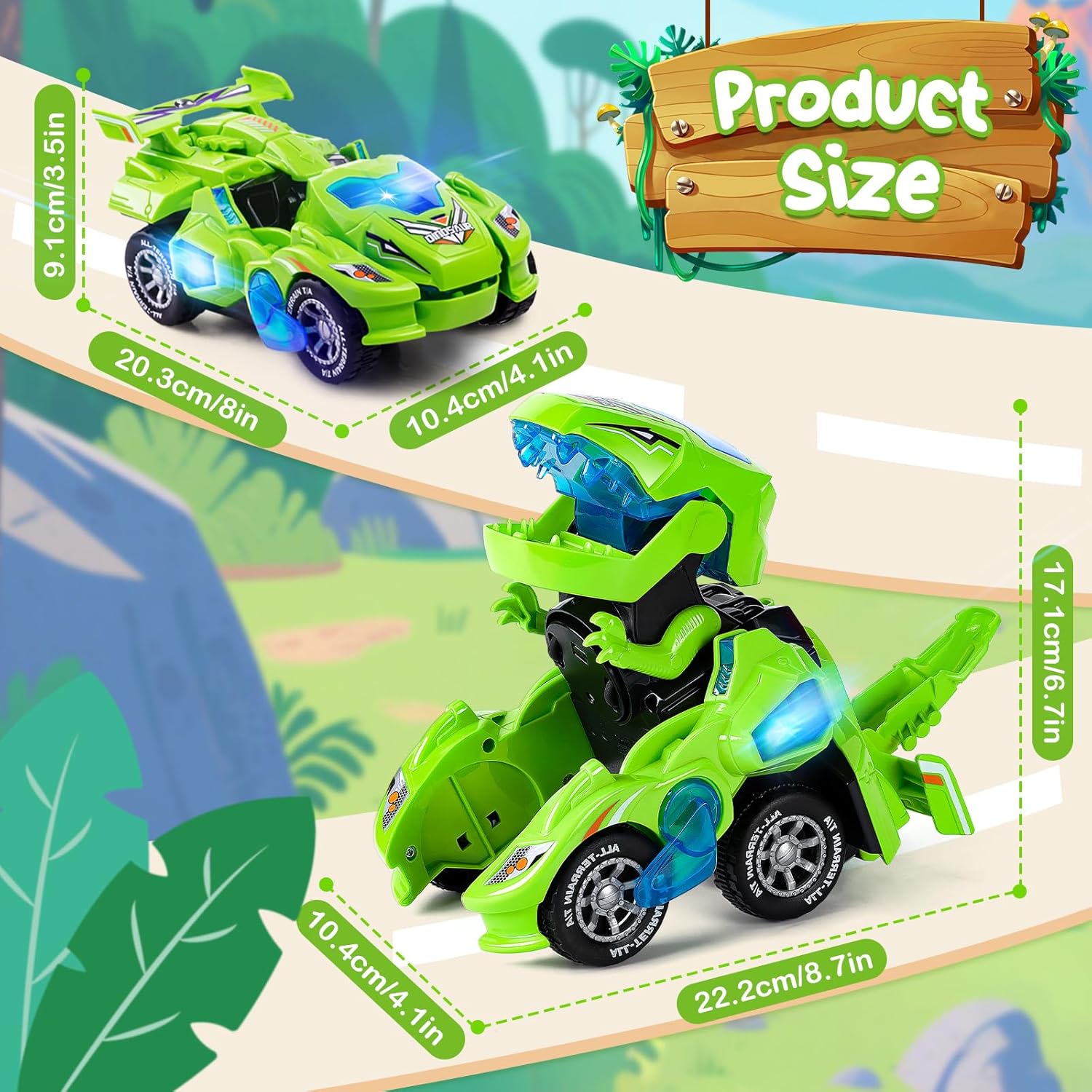 Thumbnail 4 de Yellcetoy Dinosaur Transforming Car (Automatic Dino Car Toy) with Flashing Lights & Sound – Green