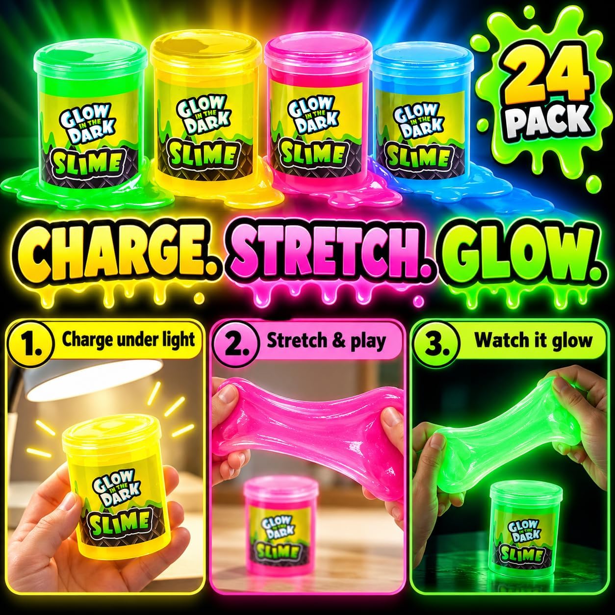 Detalle 2 de Playbees Glow in the Dark Slime Party Favors, 24-Pack Neon Colors