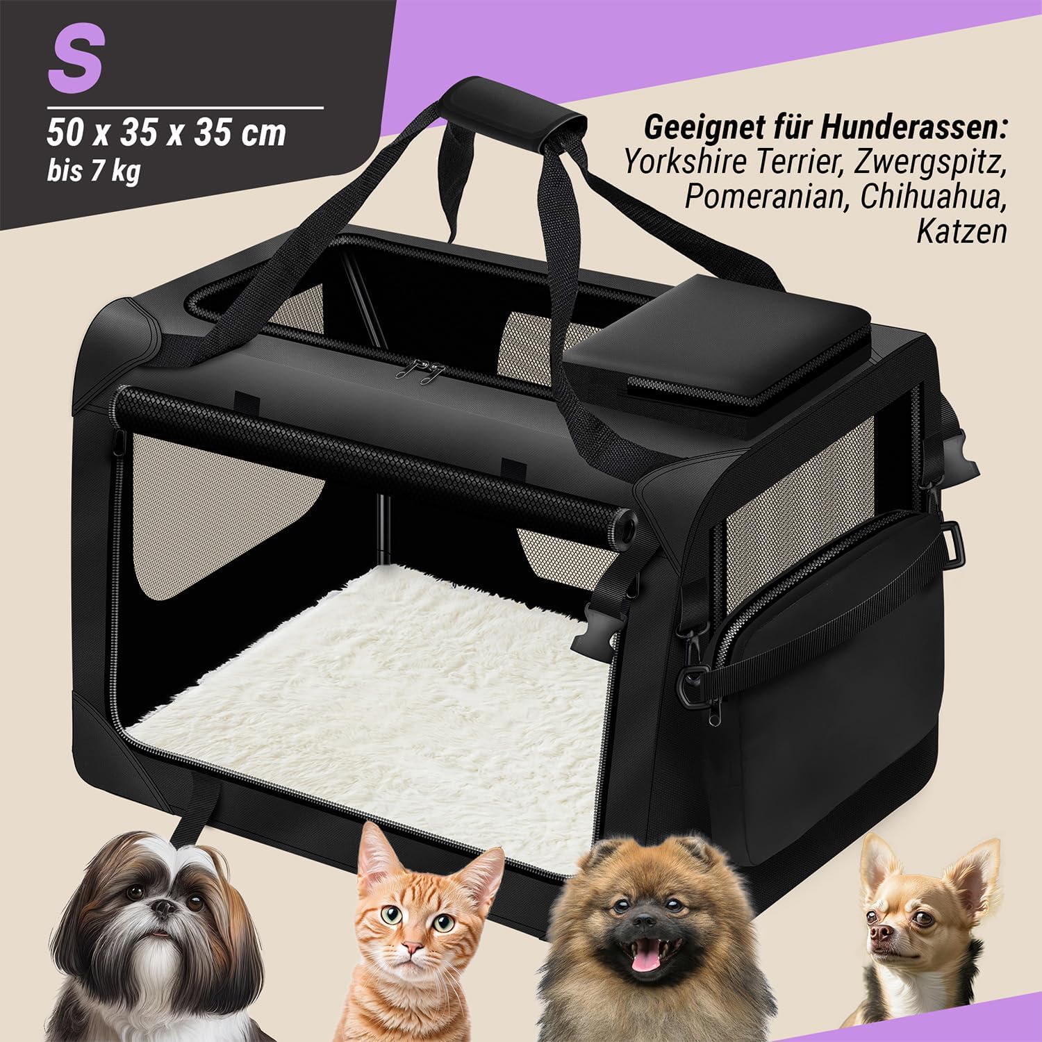 Detalle de All Pets United Hunde-Transportbox – faltbare Transporttasche für Hunde und Katzen (S, 49x34x34 cm)
