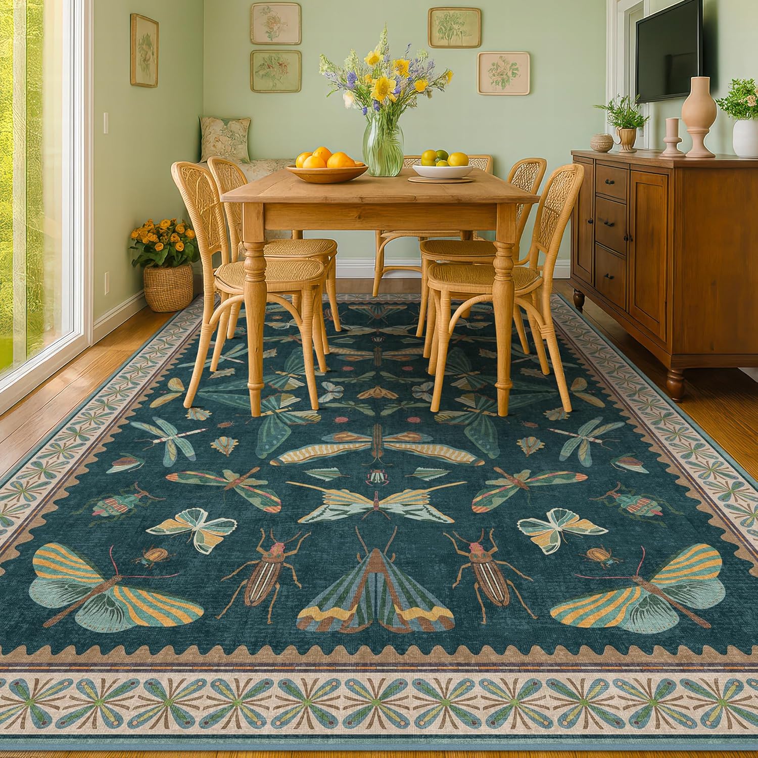 Detalle 2 de Hazo Haus 9x12 Large Living Room Rug (Dark Teal Multi) — Lightweight Non Slip Low Pile