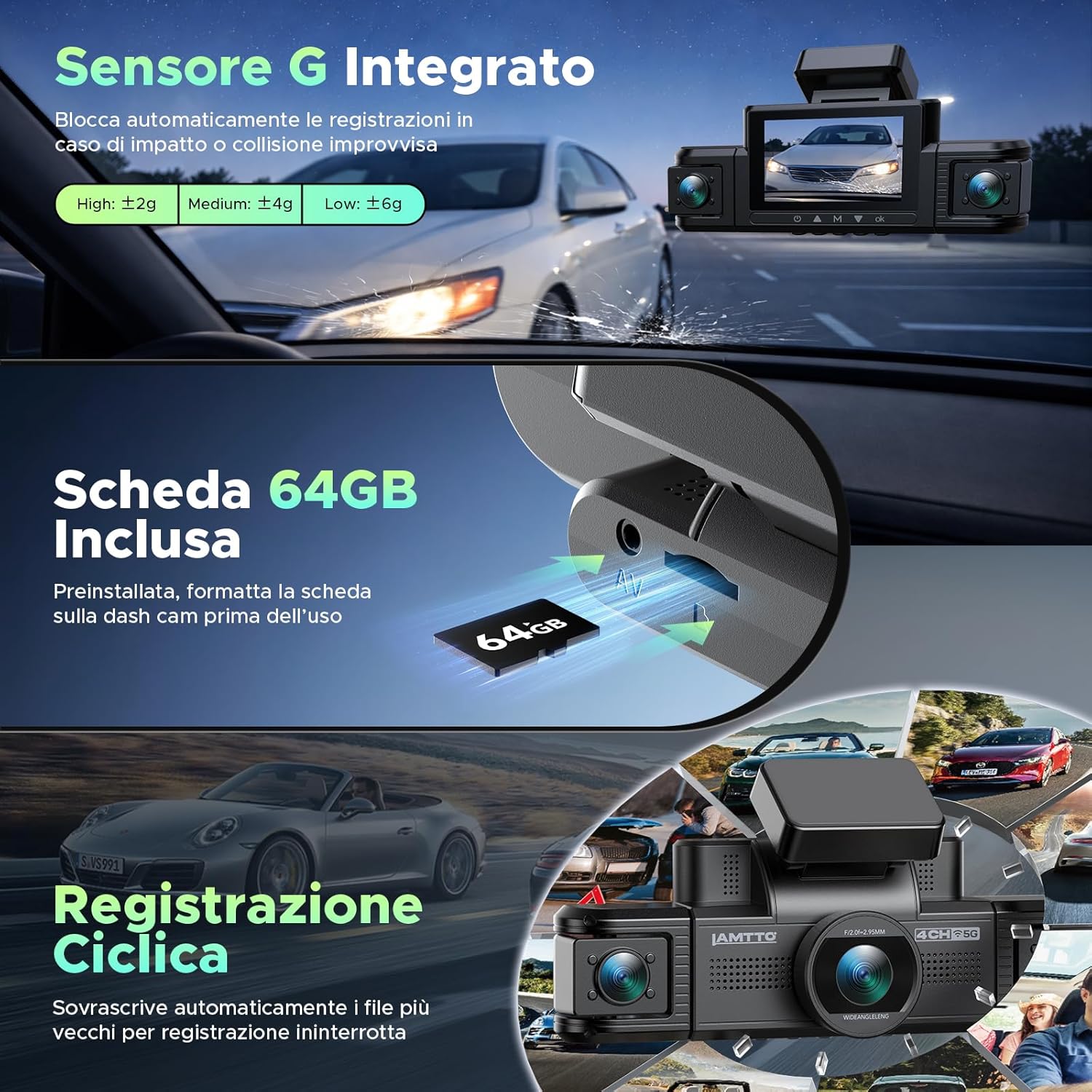 Thumbnail 4 de LAMTTO Dashcam 4 Canali 360° con WiFi 5GHz e kit hardwire: sorveglianza per auto, taxi e parcheggio
