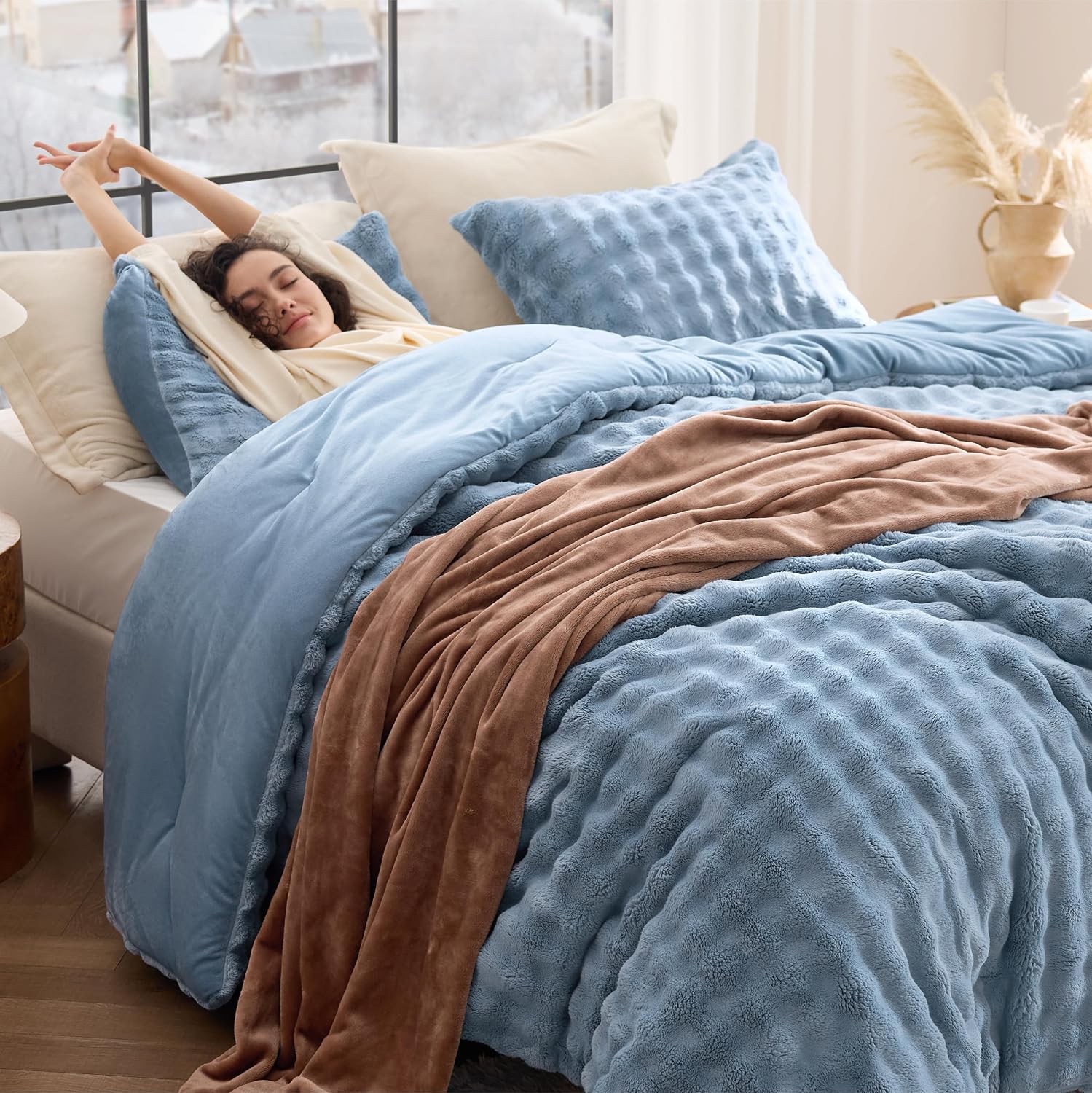 Thumbnail 4 de Bedsure BB649B3 King Comforter Set, Slate Blue Cloud-Bubble Flannel