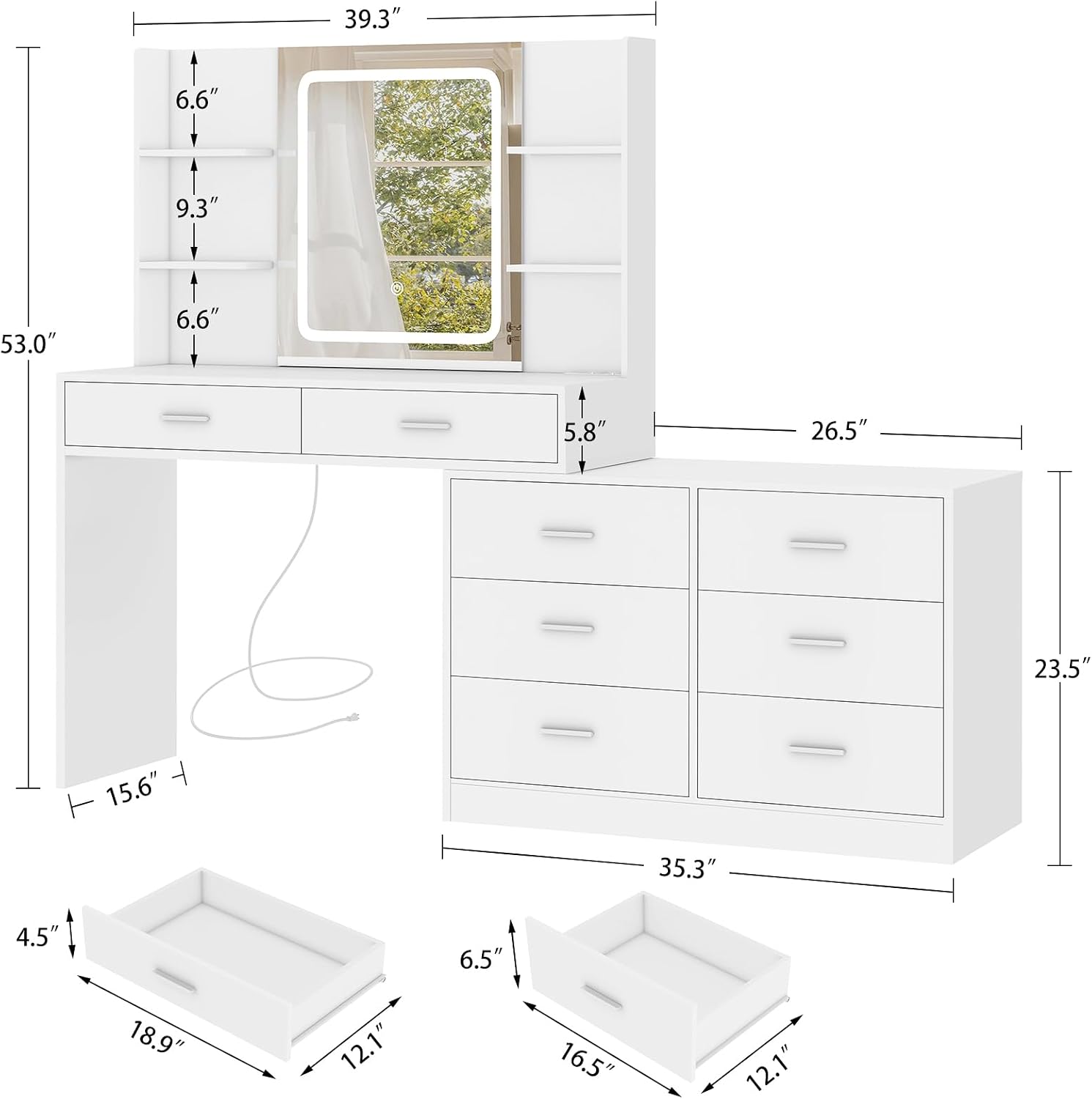 Thumbnail 6 de TEENFON STA021 Dressing Table with LED Mirror, 8 Drawers and Adjustable Shape