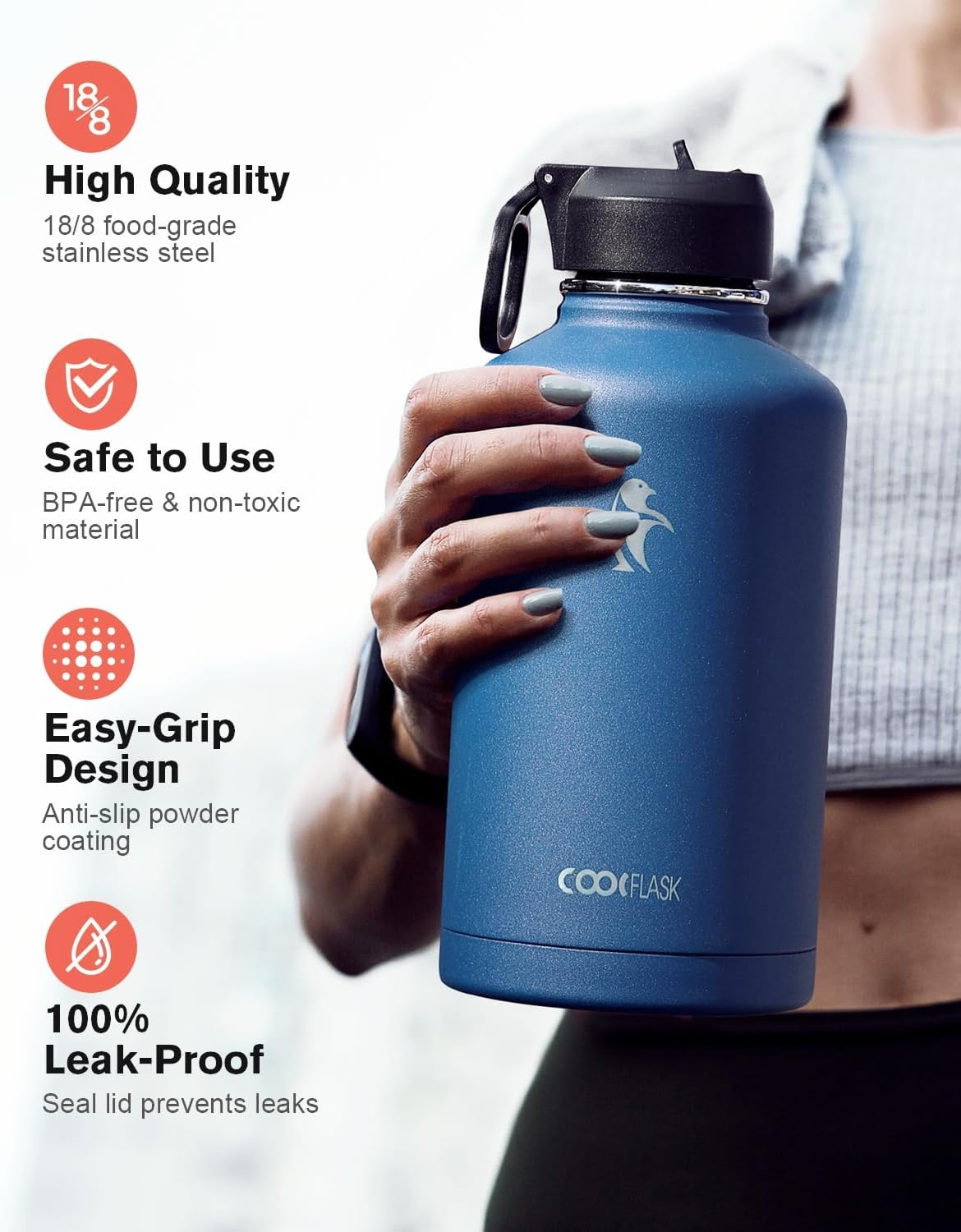 Detalle de Coolflask Long-lasting Insulated Water Bottle, 64 oz, Triple-Wall, King's Blue