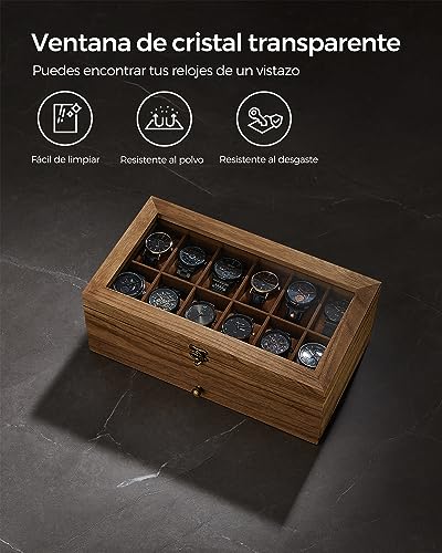 Thumbnail 6 de SONGMICS Caja de Relojes con 12 Ranuras JOW012K01 – Estuche de Madera de Dos Niveles con Tapa de Cristal