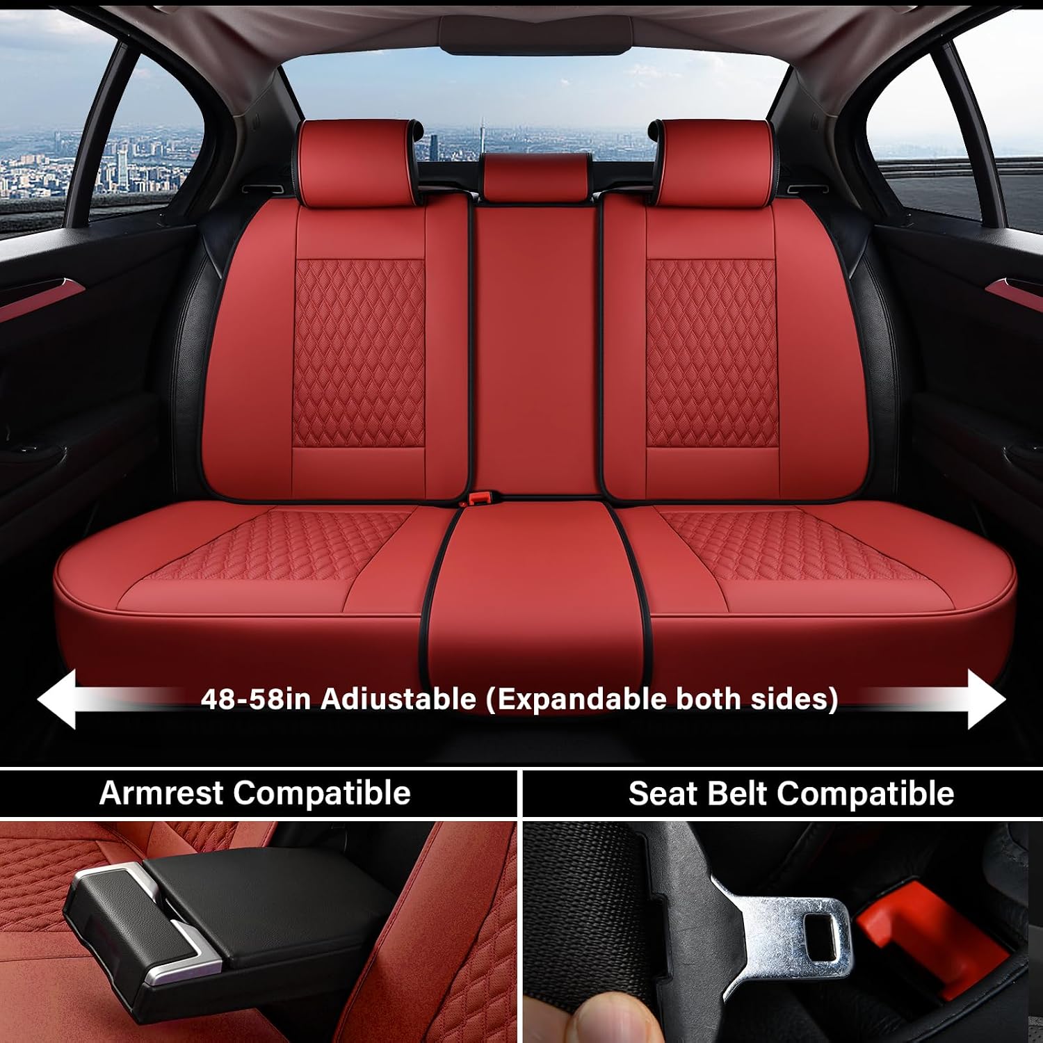 Detalle de Coverado Car Seat Covers Full Set with Red Nappa Leather, Lumbar Support & Universal Fit
