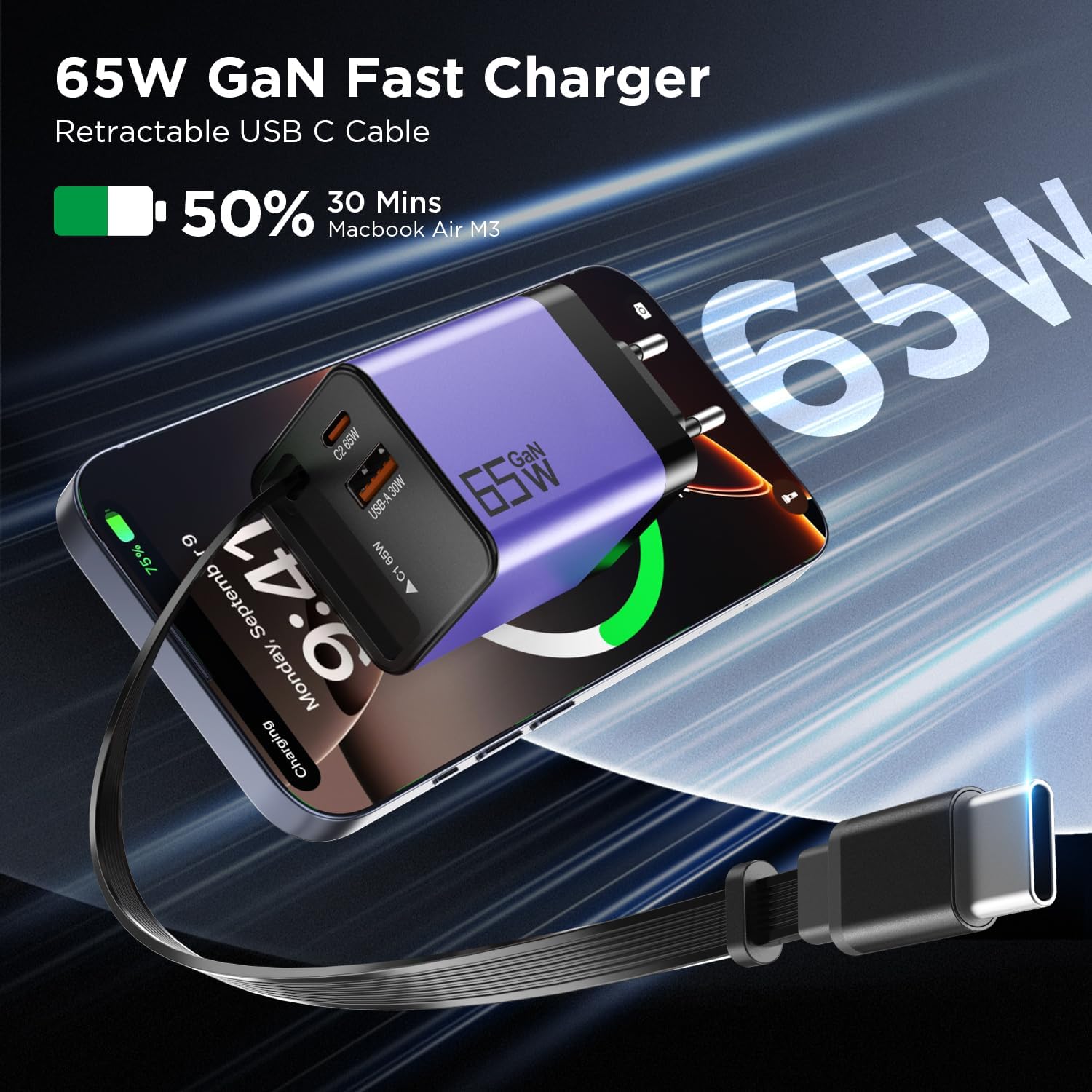Detalle de USB-C Ladegerät 65W mit Einziehbarem Kabel – GaN, 3-Port, kompakt und sicher