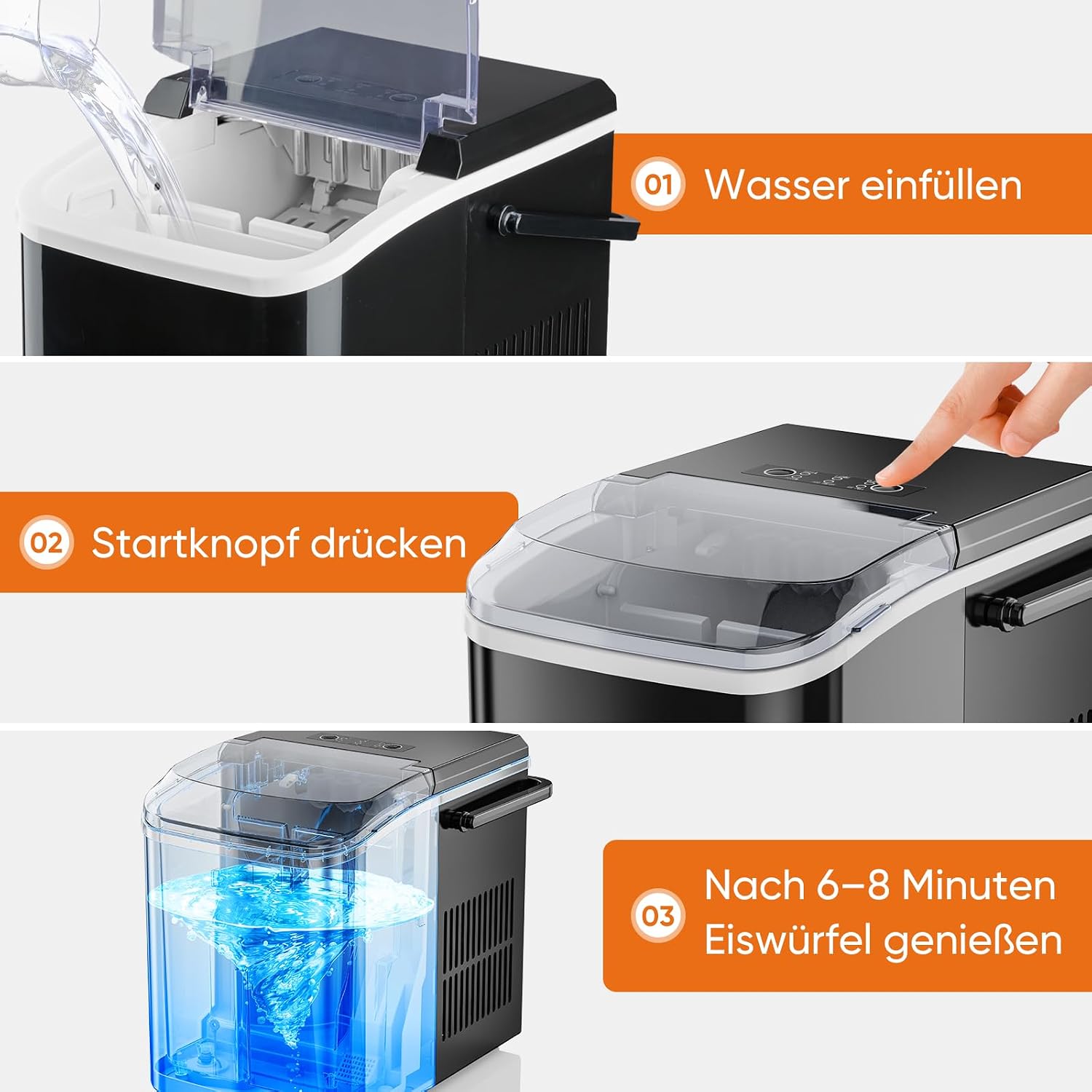 Detalle de Sweetcrispy Eiswürfelmaschine mit Tragegriff – 9 Würfel in 6 Minuten, 12 kg/24 h, kompakt, 2 Eisgrößen, Schwarz