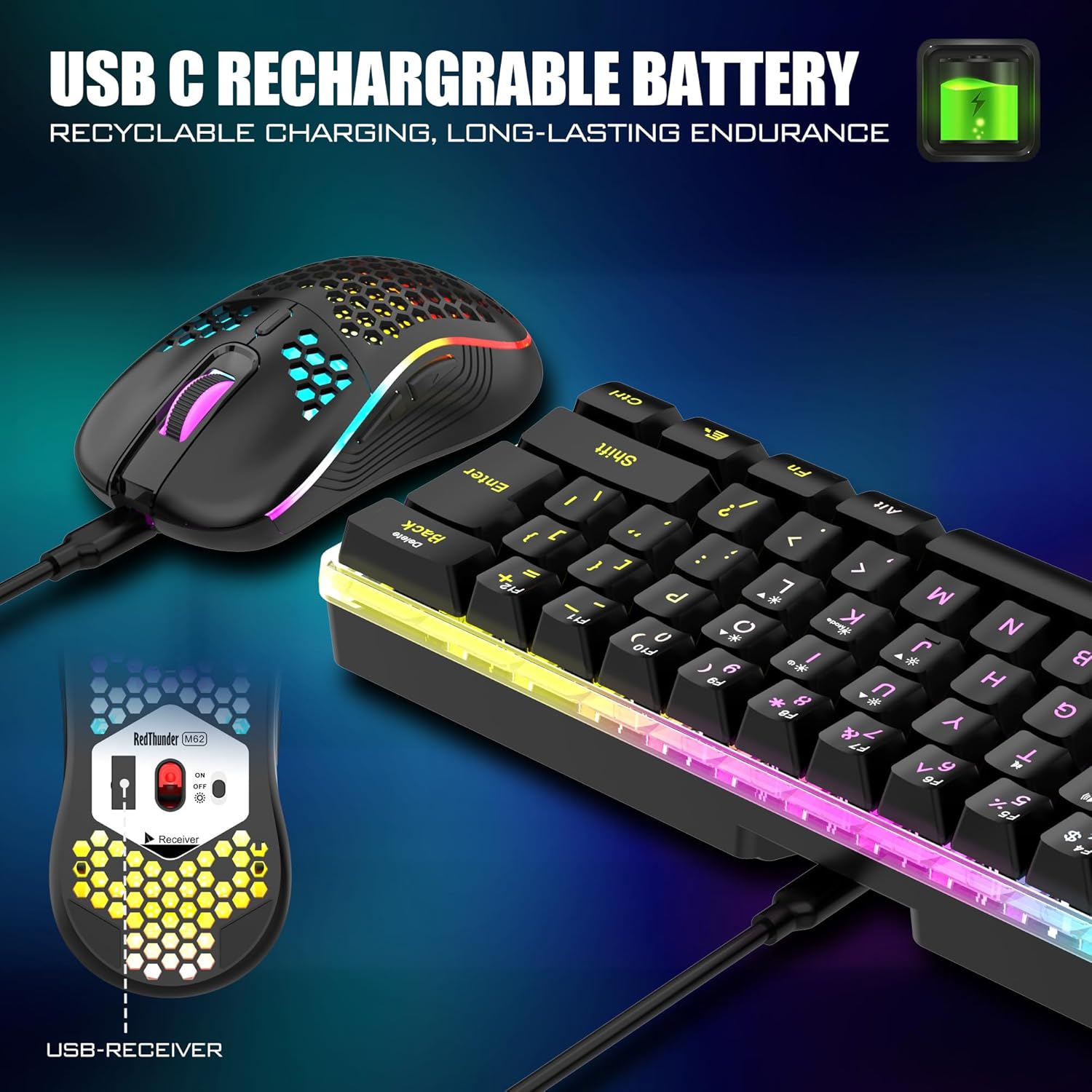 Thumbnail 3 de RedThunder K62 60% Wireless Gaming Keyboard & Honeycomb Optical Mouse Combo (2.4G, Rechargeable)