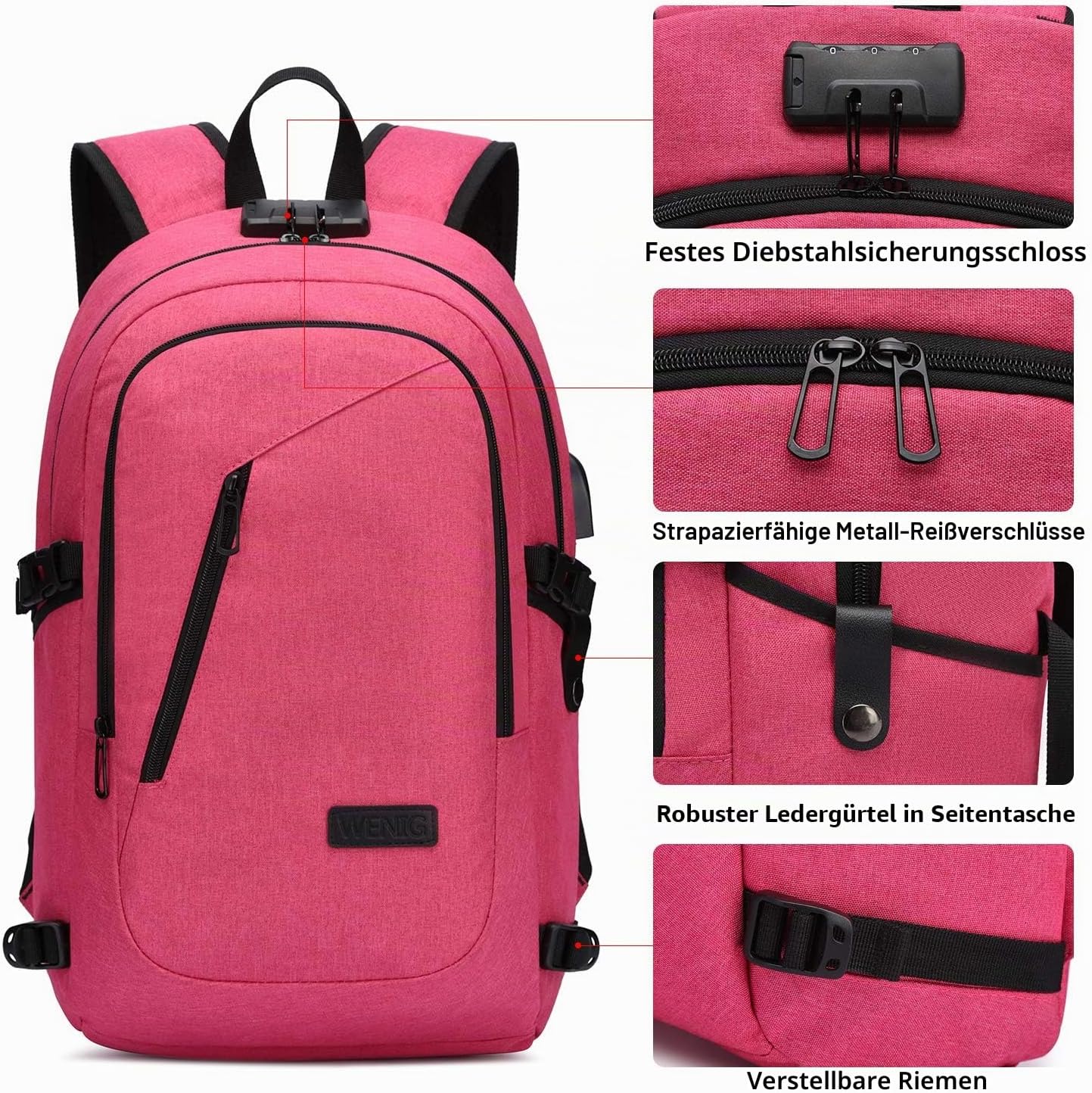 Detalle 2 de WENIG Rucksack Laptop – Anti-Diebstahl-Rucksack mit USB-Ladeanschluss für Damen, 45 × 30 × 18 cm