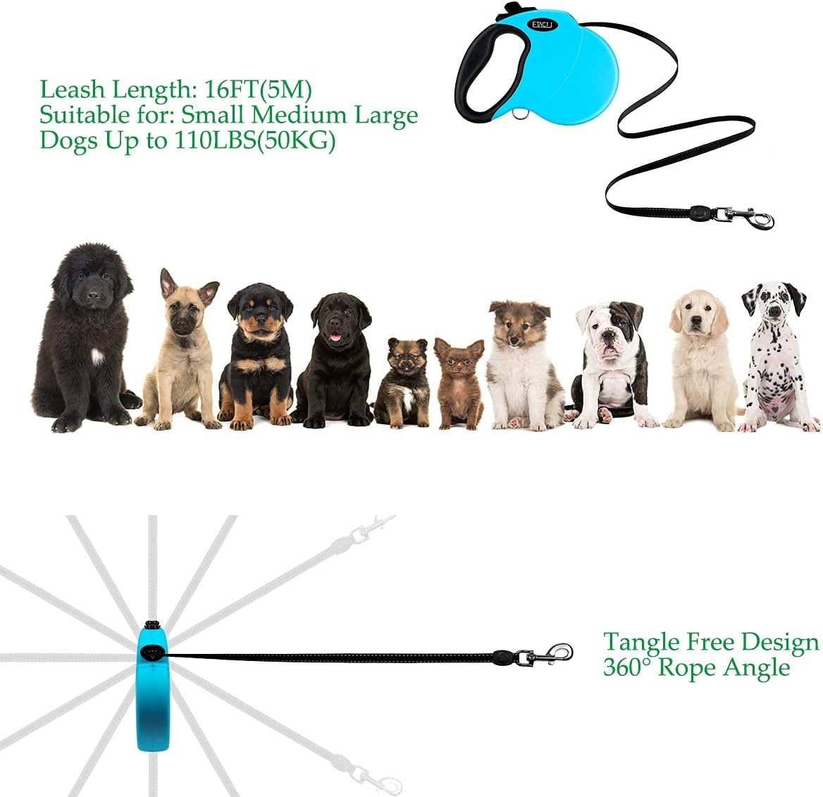 Detalle de ETACCU Retractable Dog Lead 16.4ft – Extendable, Tangle-Free, 1-Handed Brake, Reflective for Small Dogs (≤44 Lbs) – Blue