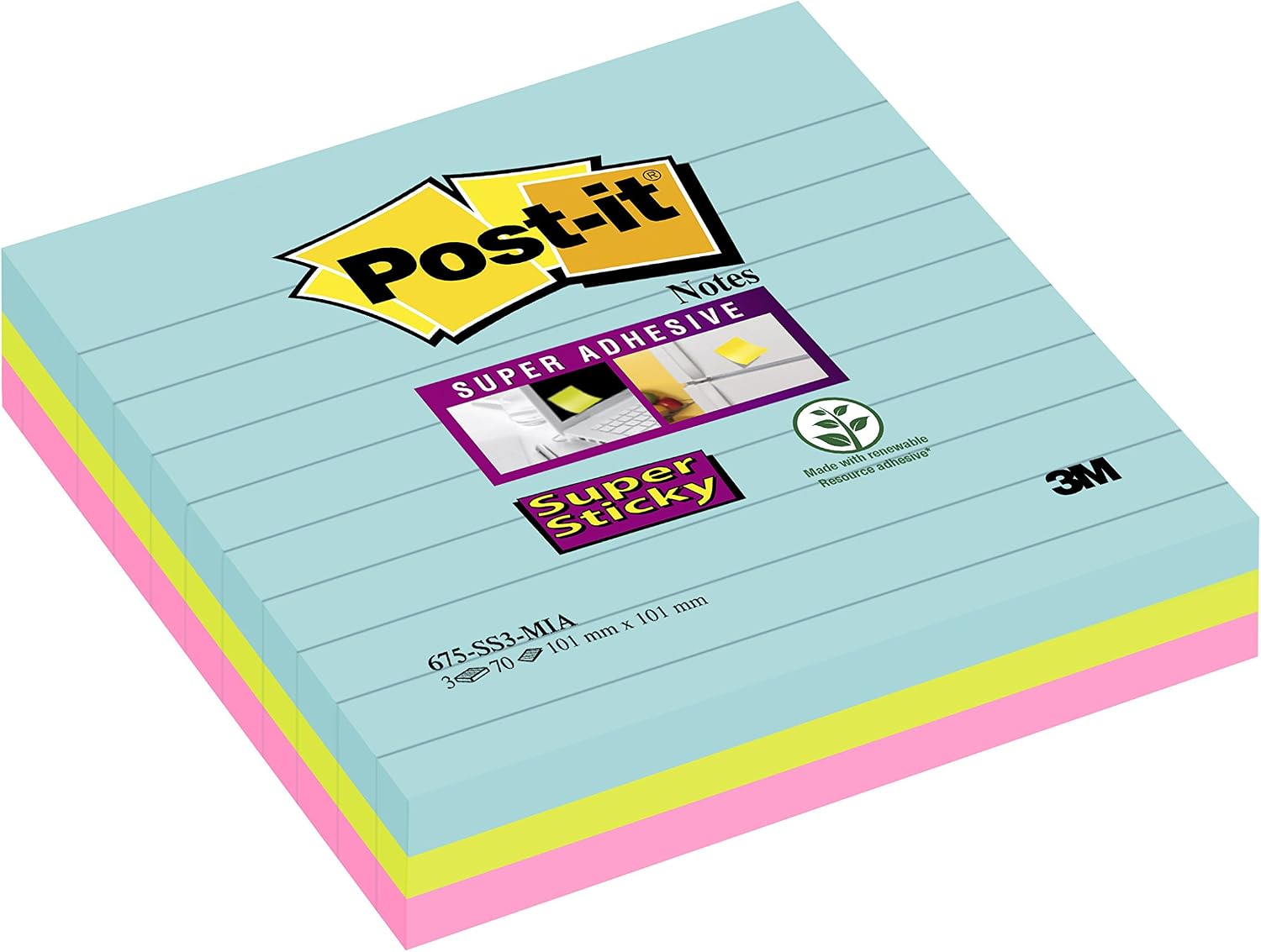 Detalle de Post-it Notes autocollantes Super Sticky Grand Format XL – 3 blocs, 101 x 101 mm, lignées