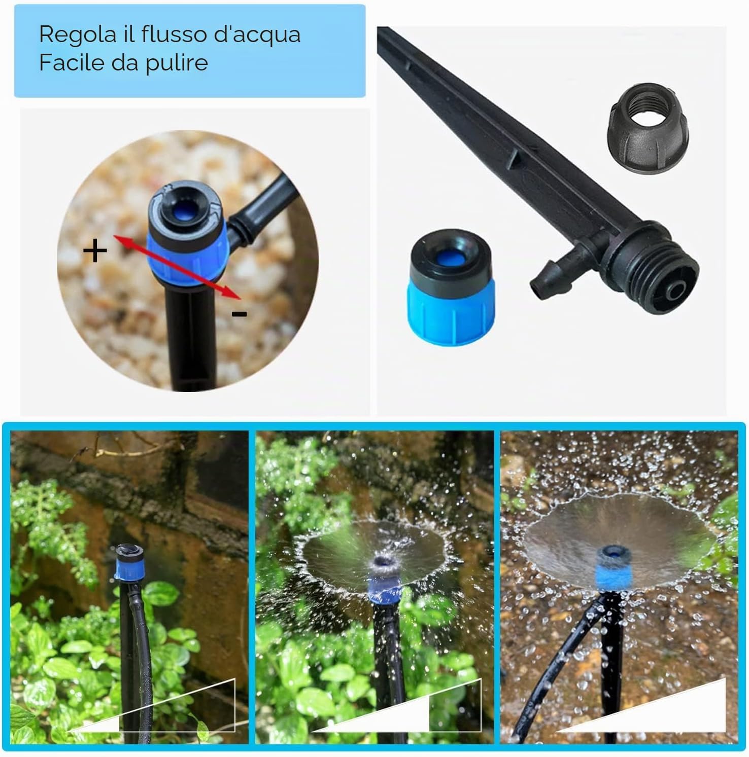 Detalle 2 de Emettitori per irrigazione a goccia da 100 pezzi con picchetto e spruzzatore a ventola regolabile 360° per tubo da 1/4