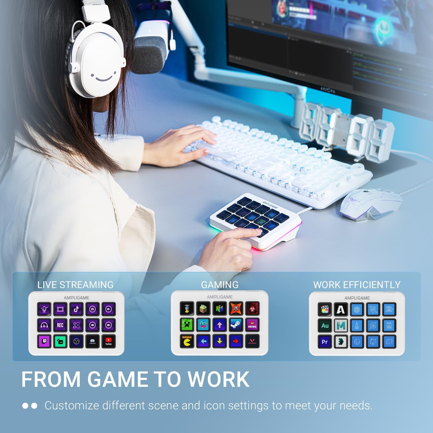 Detalle 2 de FIFINE D6W Streaming Macro Controller, 15 LCD Keys, Custom RGB, White
